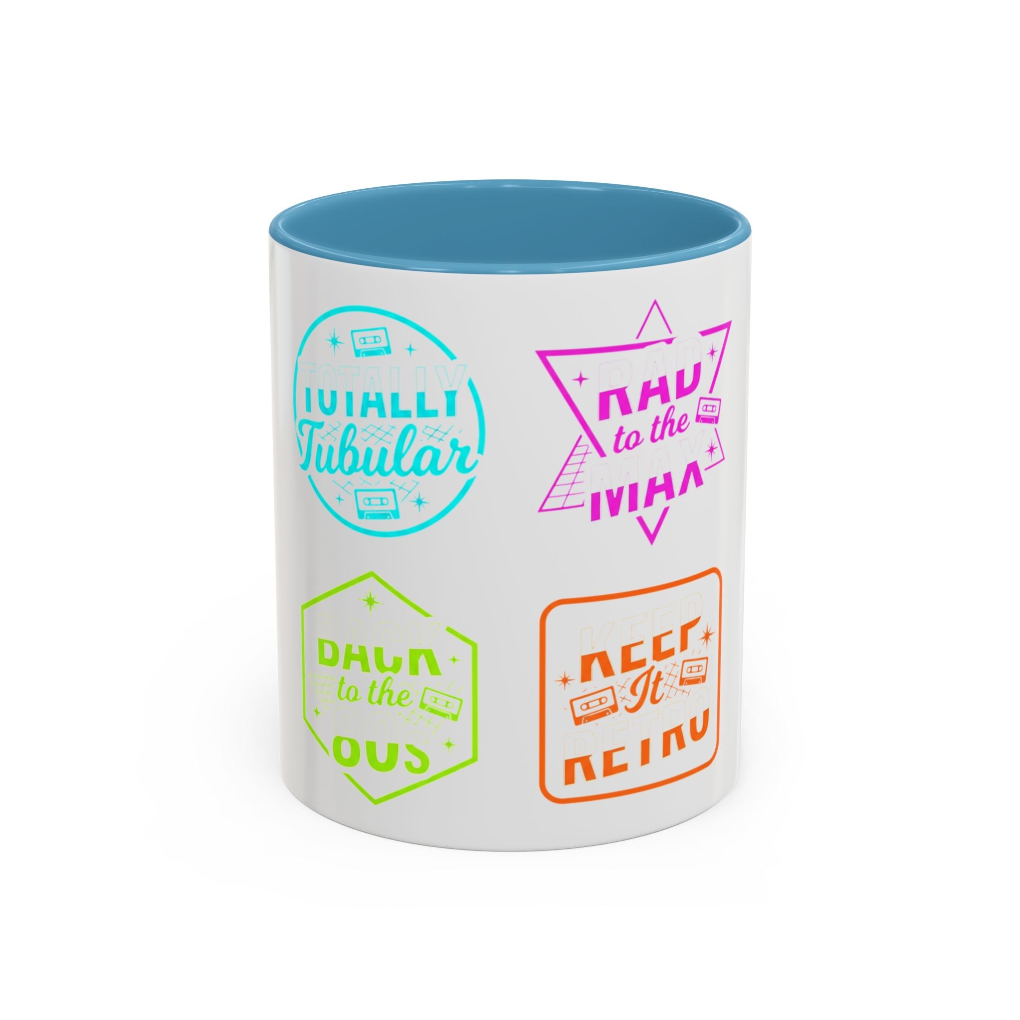 Retro Gamer Badge Accent Coffee Mug — Neon 'Totally Tubular' & 80s Gamer Icons (11/15oz)