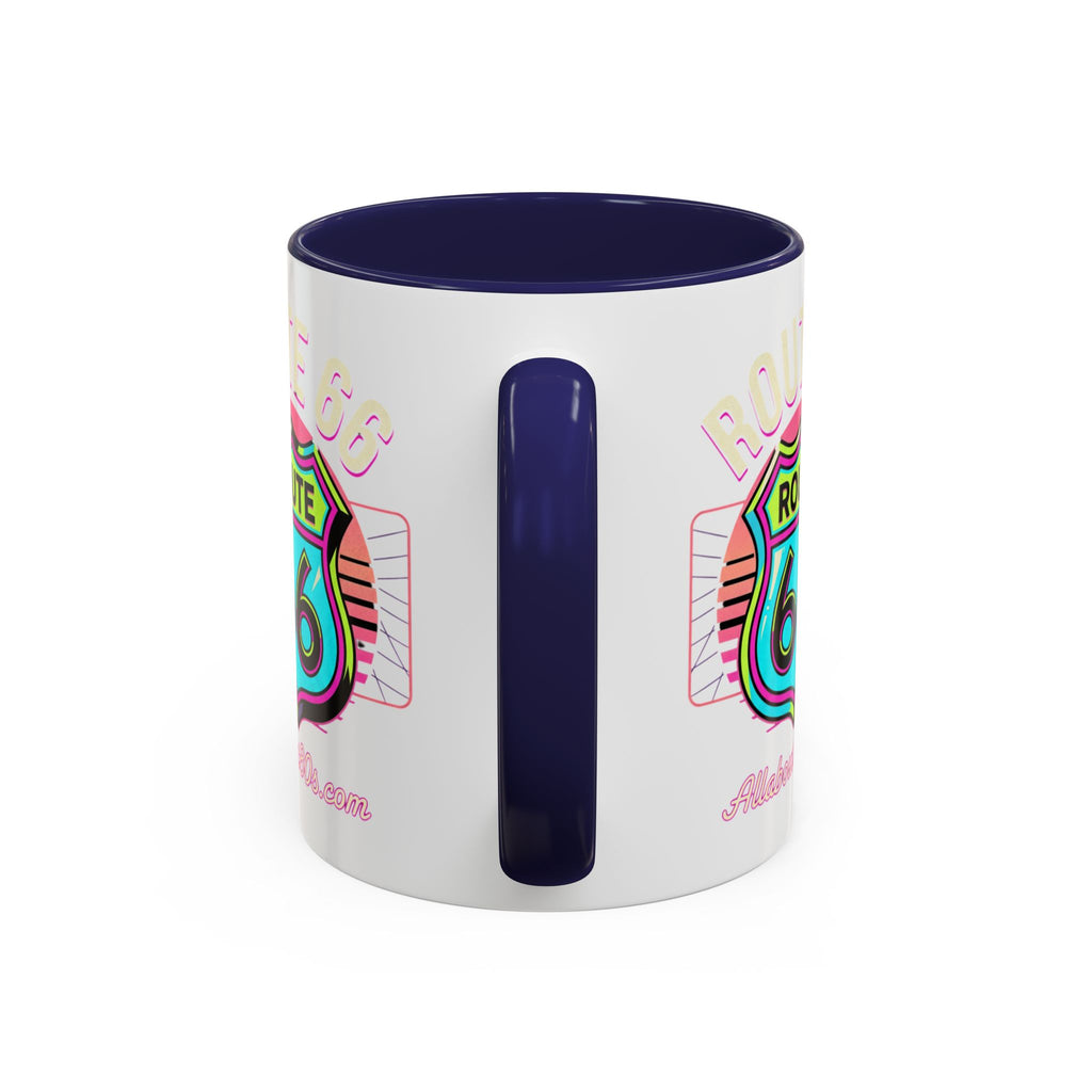 Route 66 Neon Shield Accent Coffee Mug — Retro Road Trip Travel Gift (11/15 oz)