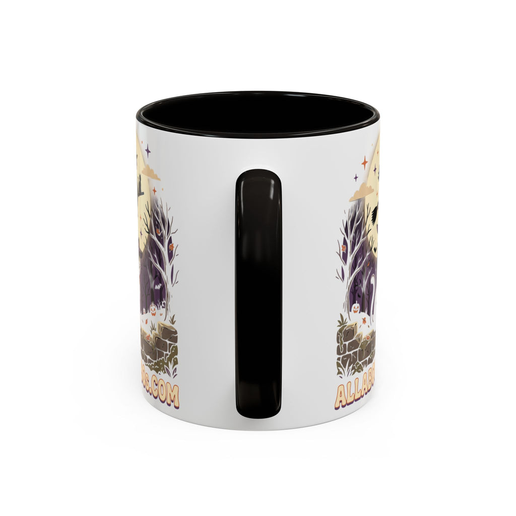 Halloween Cat Witch Mug – Cute Witch Hat Cat with Flying Witch Silhouette (11oz/15oz)
