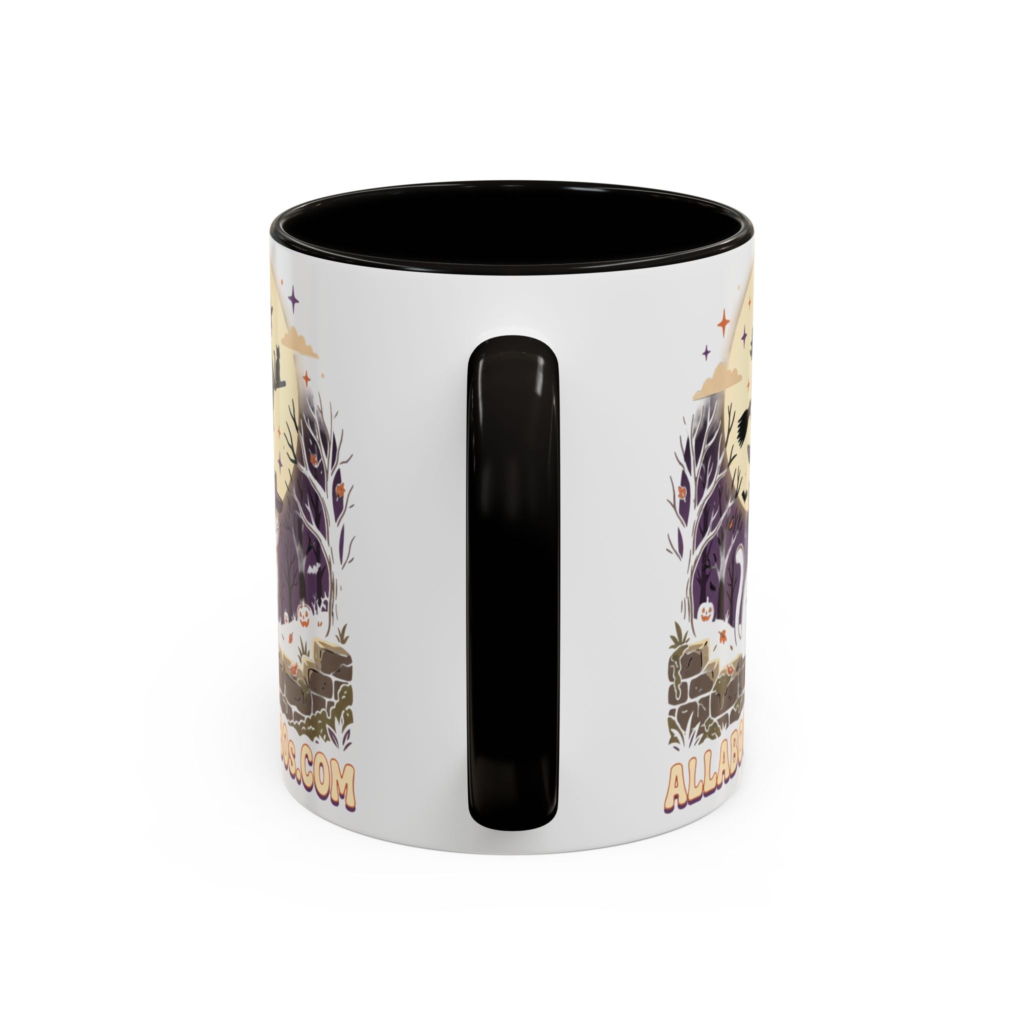 Halloween Cat Witch Mug – Cute Witch Hat Cat with Flying Witch Silhouette (11oz/15oz)