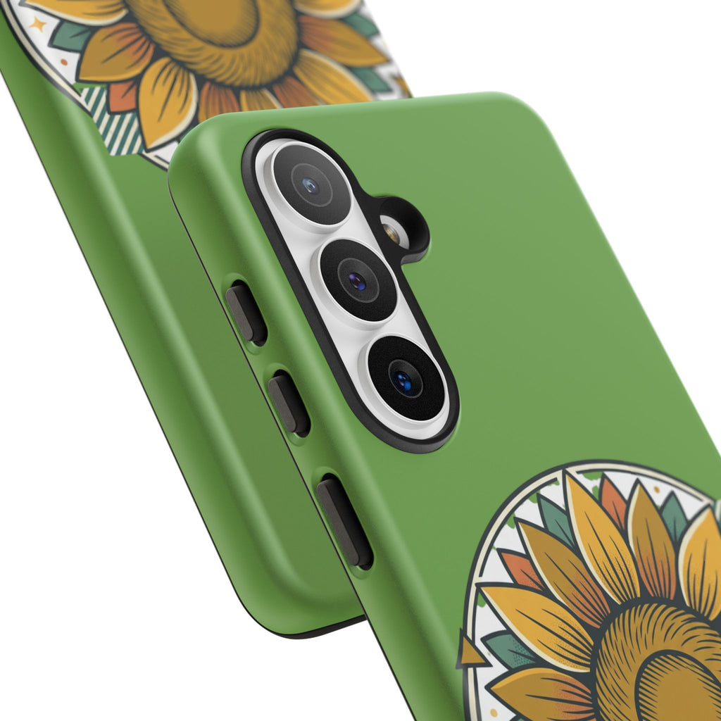Sunflower Tough Phone Case – Green Floral Protective Case with "AllAbout80s.com" Banner