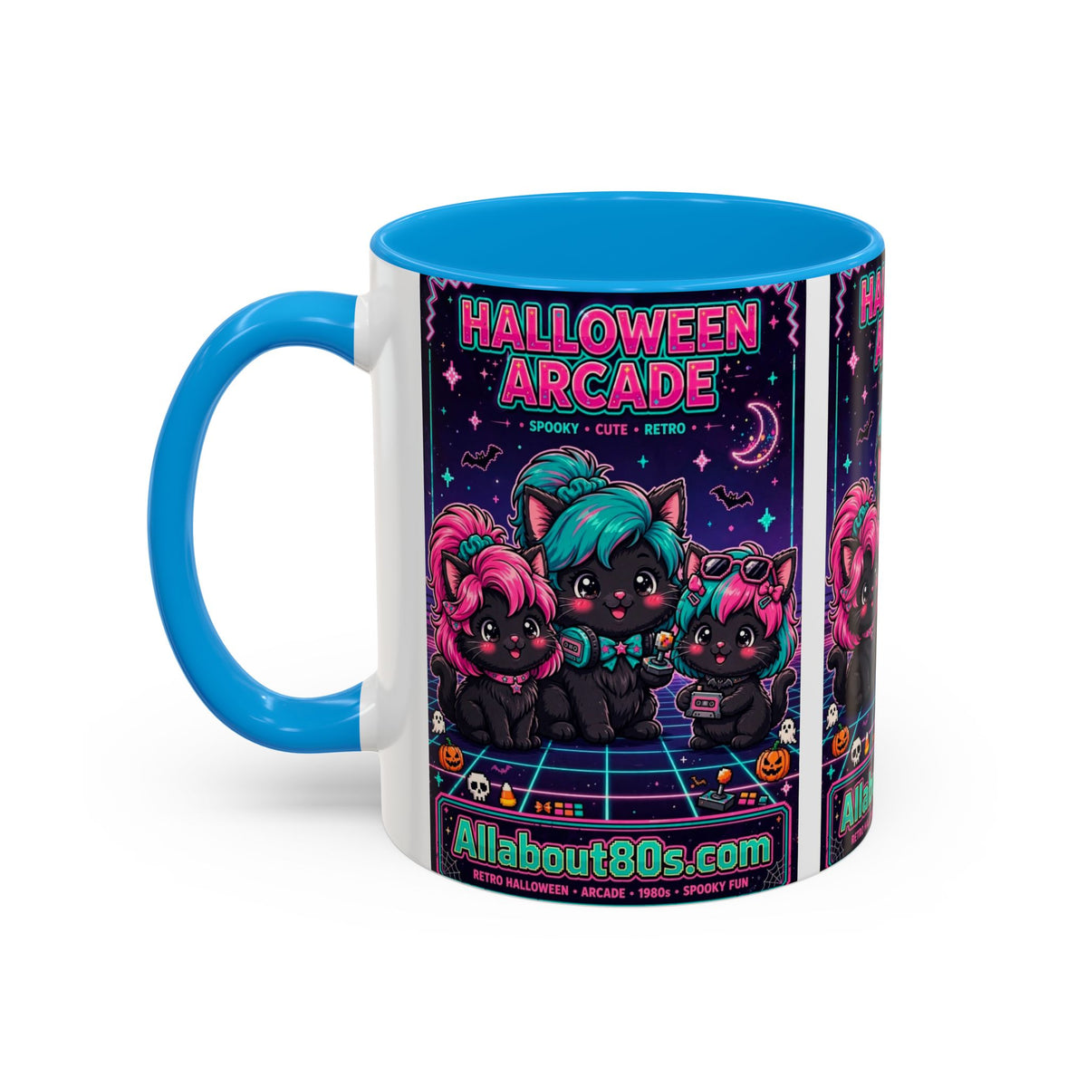 Halloween Arcade Mug — Cute Retro 80s Cat Gamers (11oz/15oz)