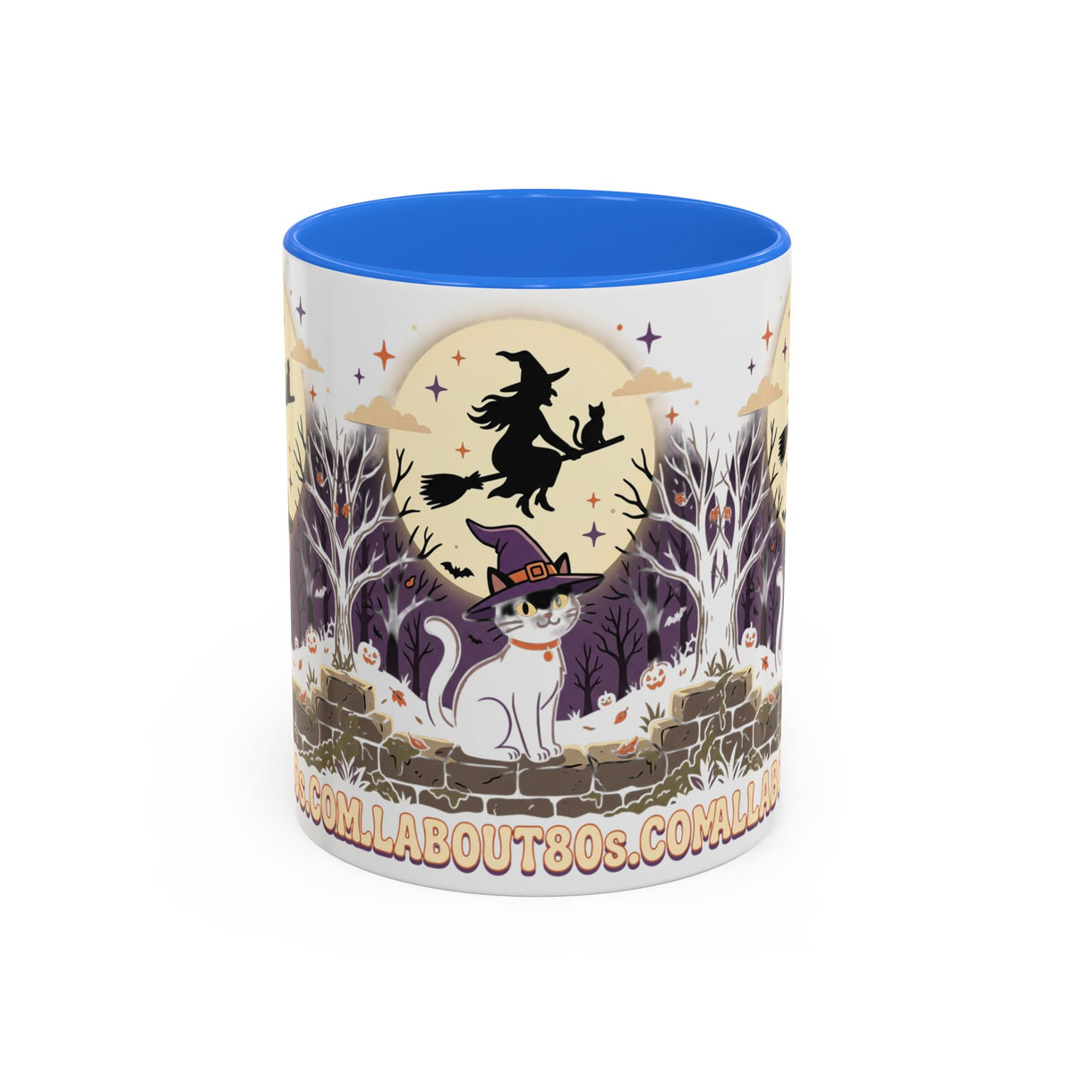 Halloween Cat Witch Mug – Cute Witch Hat Cat with Flying Witch Silhouette (11oz/15oz)