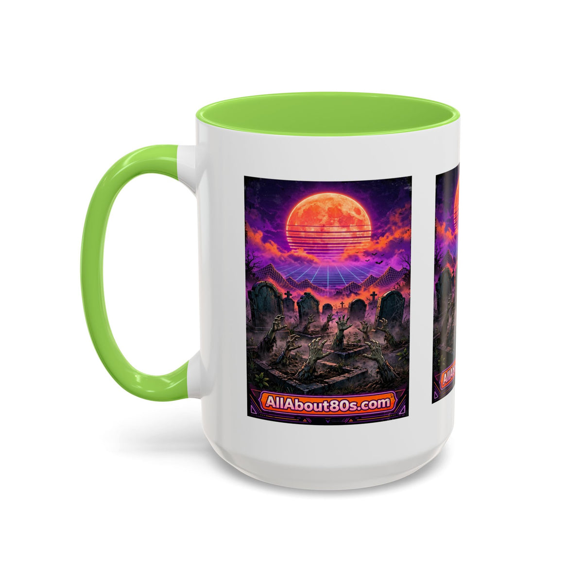 80s Retro Graveyard Sunset Mug — Vaporwave Neon Coffins Coffee Cup (11oz/15oz)