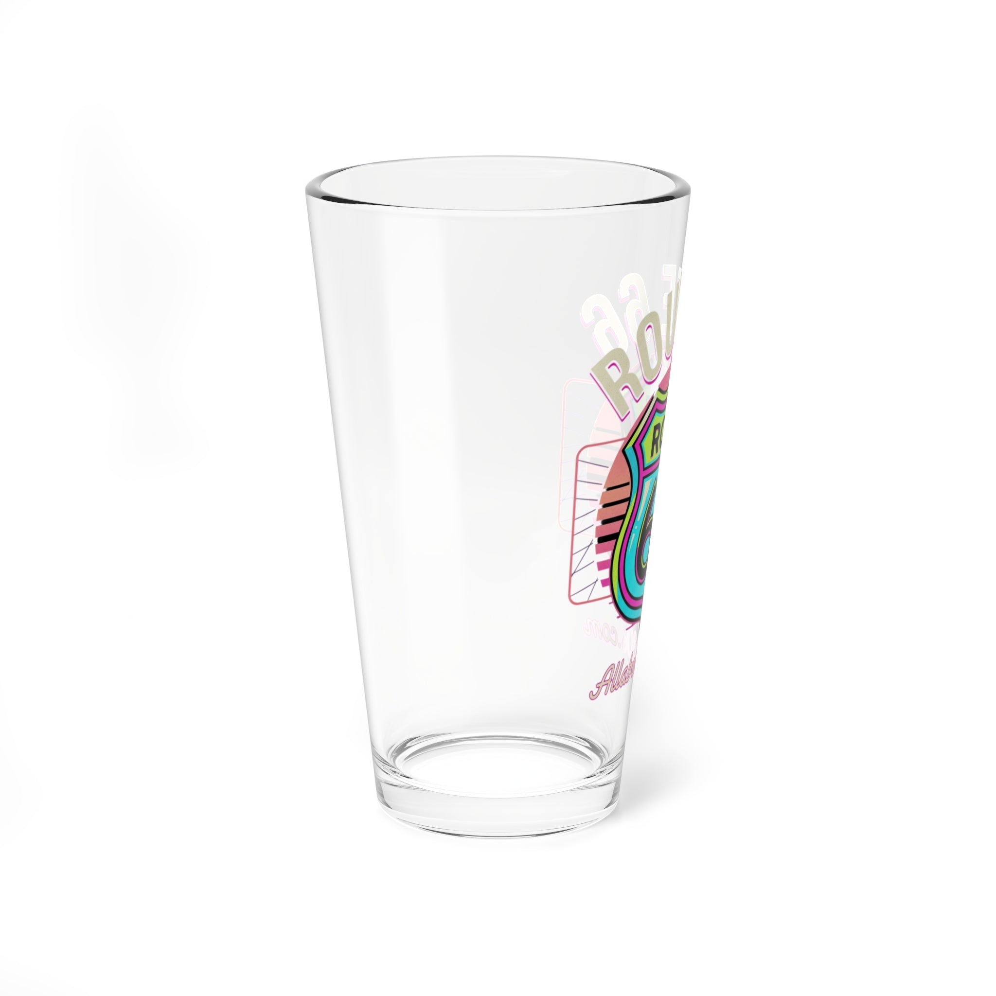Route 66 Neon Shield Mixing Glass — 16 oz Retro Travel Cocktail Glass