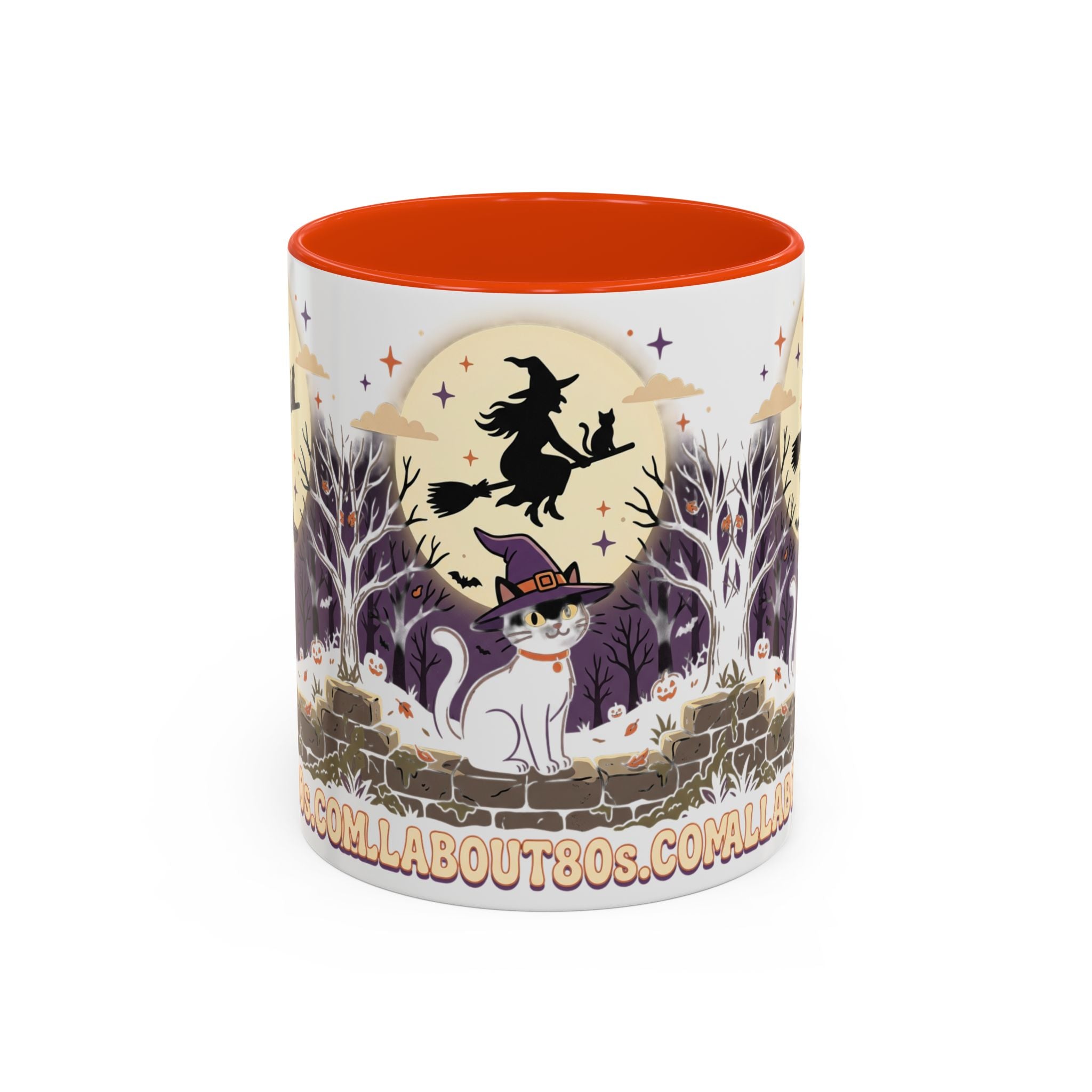 Halloween Cat Witch Mug – Cute Witch Hat Cat with Flying Witch Silhouette (11oz/15oz)