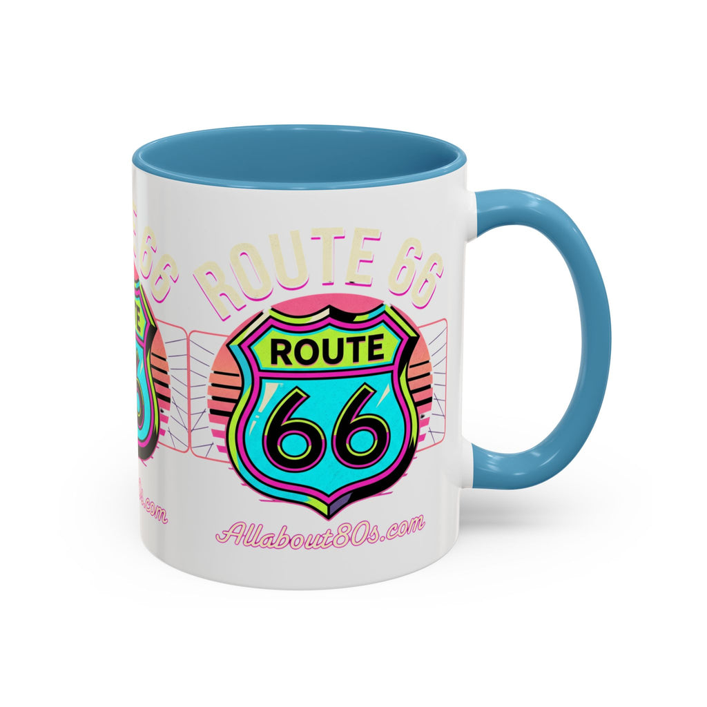 Route 66 Neon Shield Accent Coffee Mug — Retro Road Trip Travel Gift (11/15 oz)