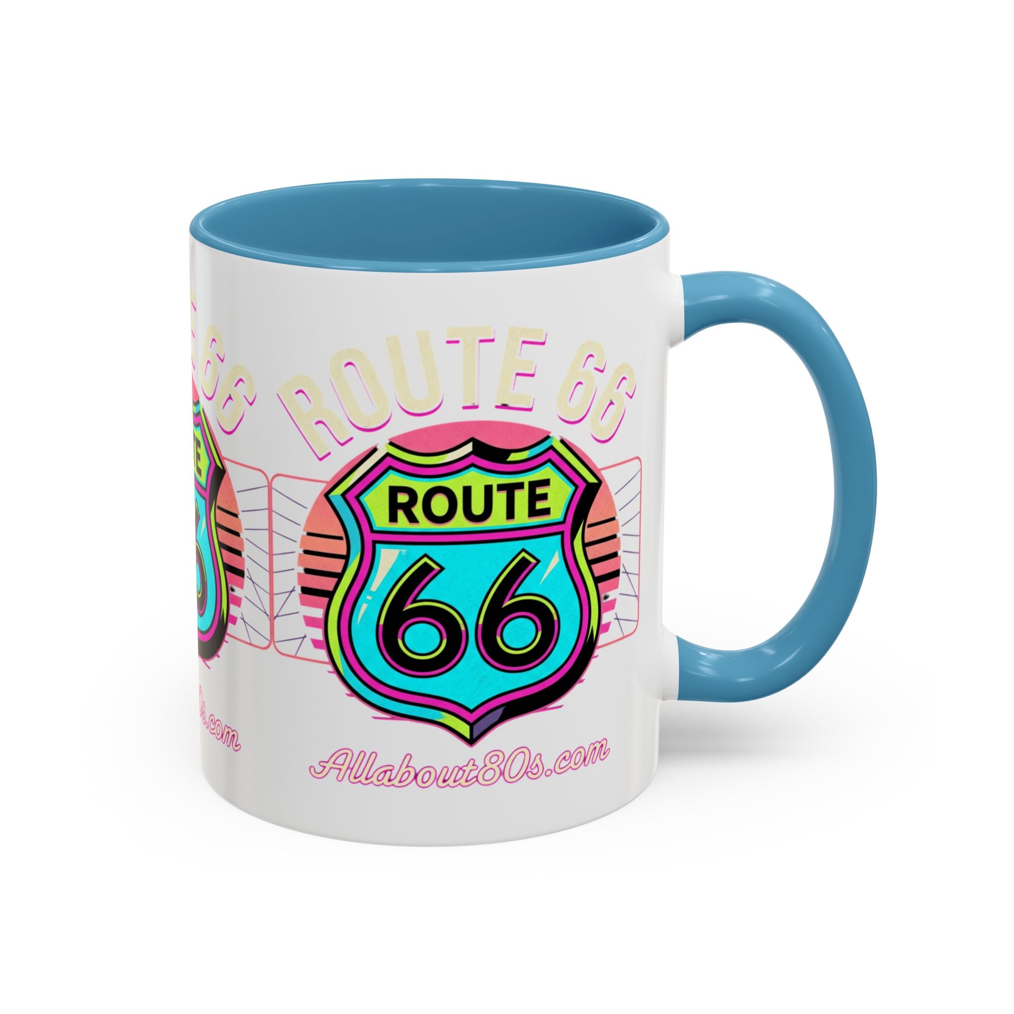 Route 66 Neon Shield Accent Coffee Mug — Retro Road Trip Travel Gift (11/15 oz)
