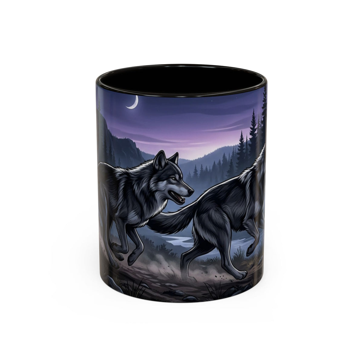 Wolf Pack Nightscape Mug — 11oz/15oz Scenic Black-Interior Coffee Cup