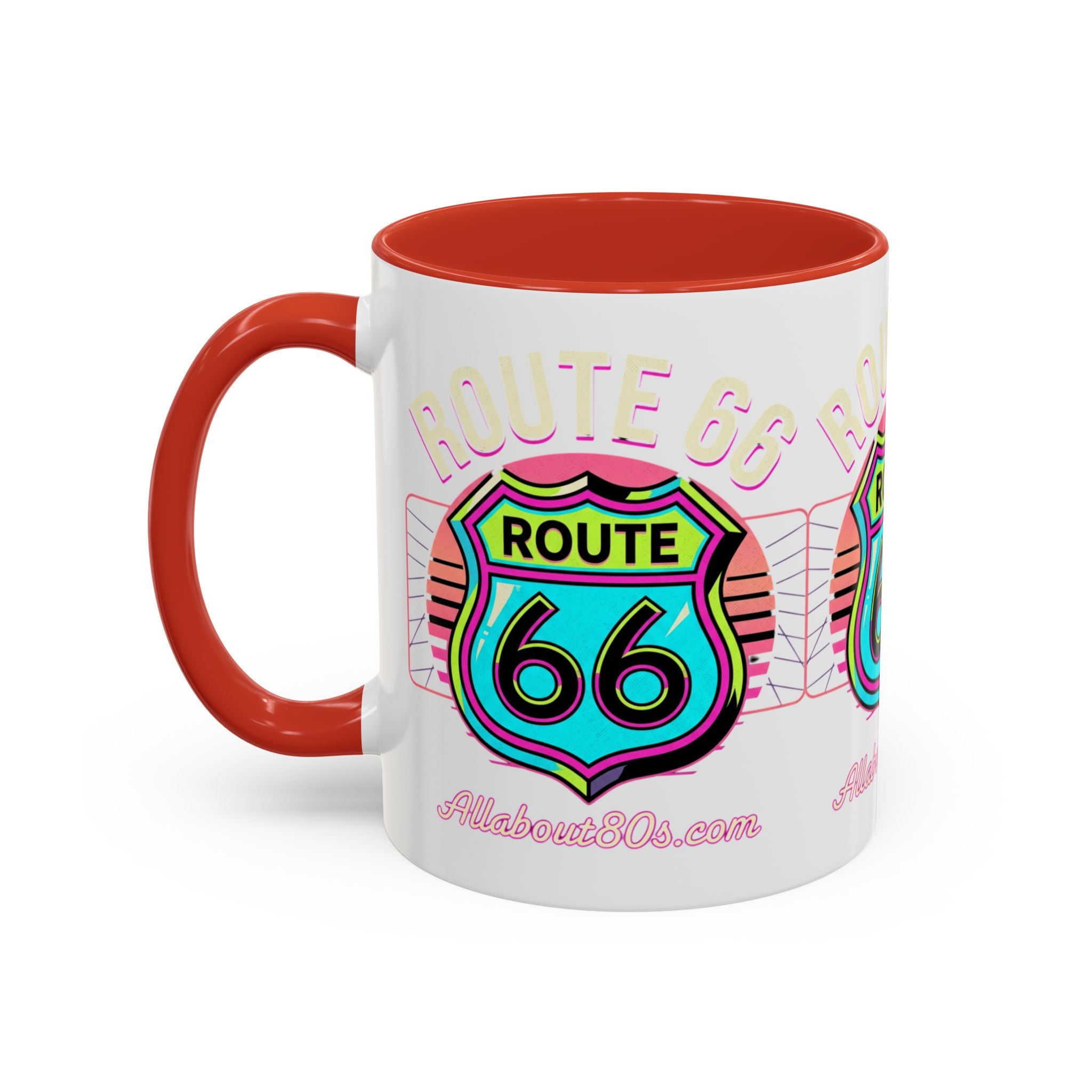 Route 66 Neon Shield Accent Coffee Mug — Retro Road Trip Travel Gift (11/15 oz)