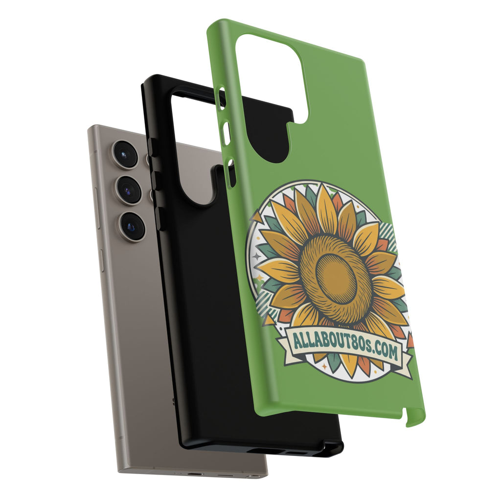 Sunflower Tough Phone Case – Green Floral Protective Case with "AllAbout80s.com" Banner