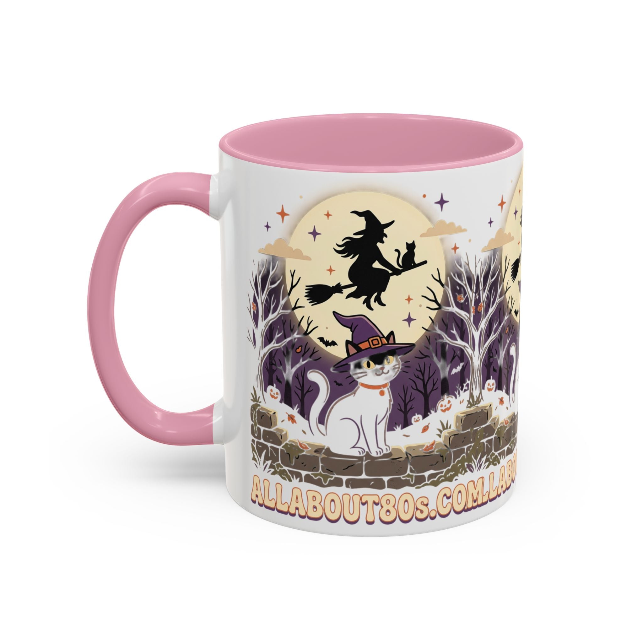 Halloween Cat Witch Mug – Cute Witch Hat Cat with Flying Witch Silhouette (11oz/15oz)
