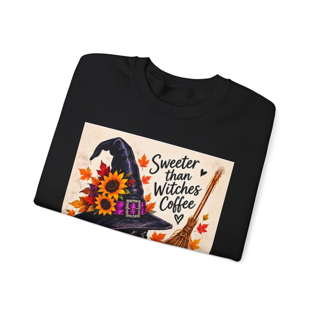 Sweater — 'Sweeter Than Witches Coffee' Halloween Witch Graphic Crewneck Sweatshirt