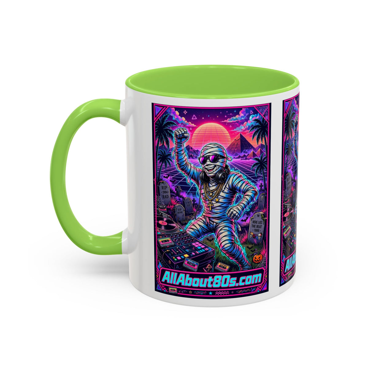 80s Retro Astro Skate Mug — Neon Vaporwave Skeleton Skateboard Coffee Cup (AllAbout80s.com)