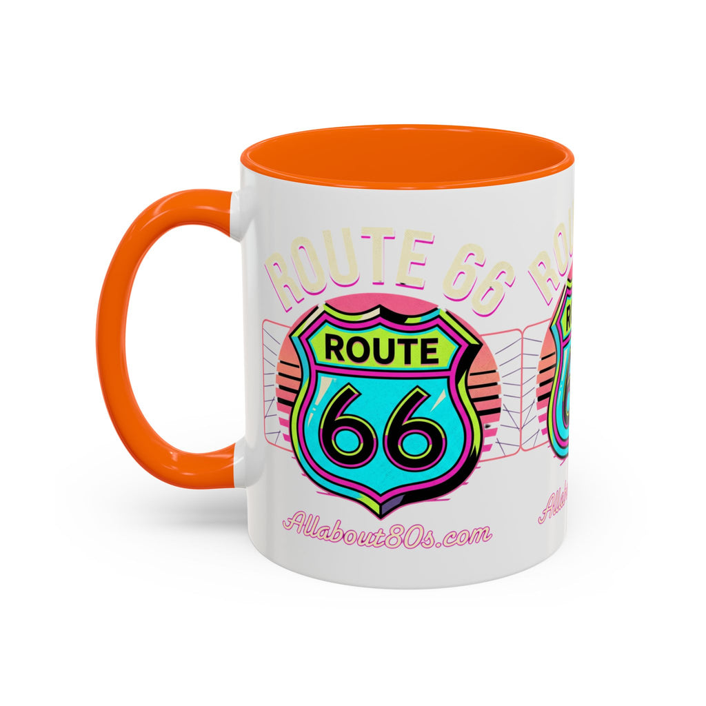 Route 66 Neon Shield Accent Coffee Mug — Retro Road Trip Travel Gift (11/15 oz)