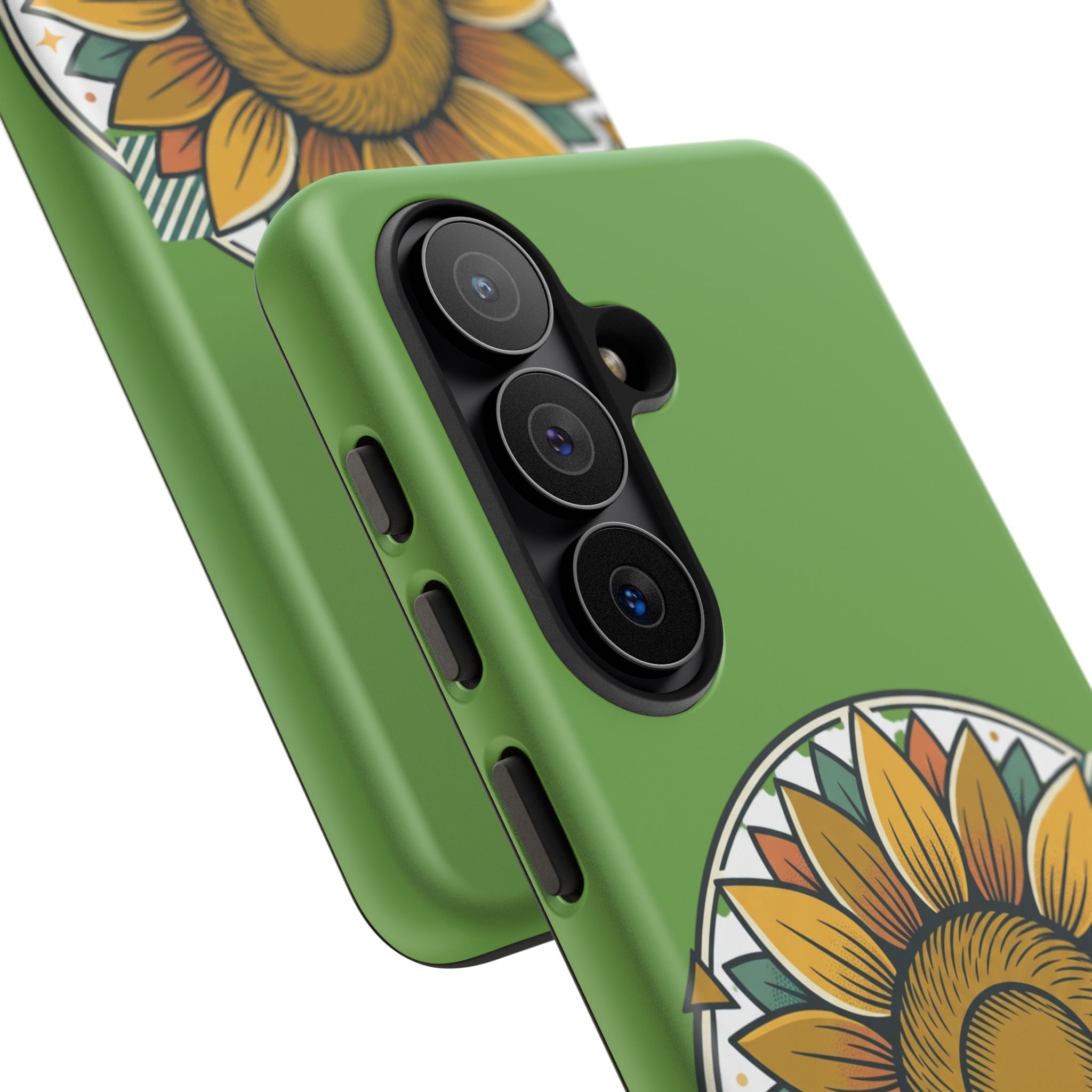 Sunflower Tough Phone Case – Green Floral Protective Case with "AllAbout80s.com" Banner
