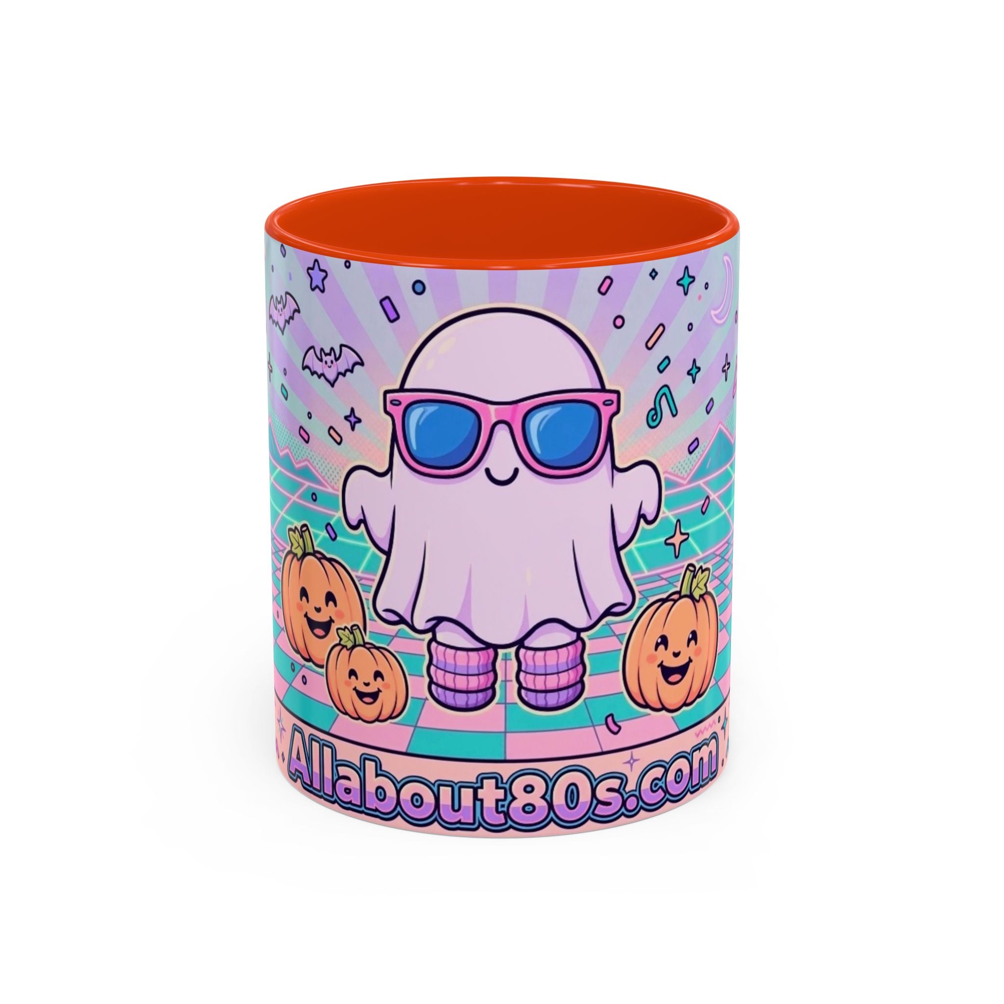 80s Vaporwave Ghost Coffee Mug — Cute Halloween Pumpkin Retro Design (11oz/15oz)