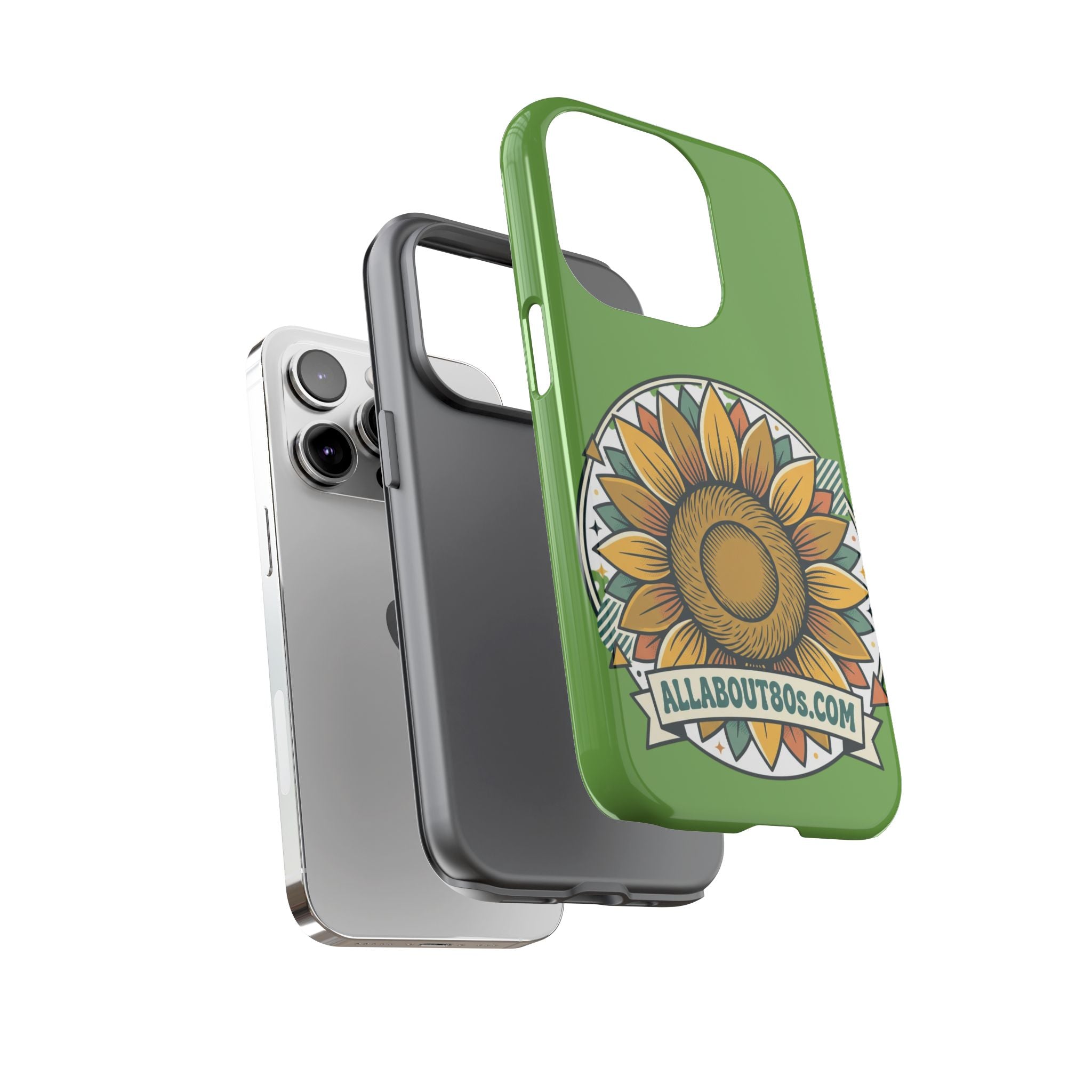 Sunflower Tough Phone Case – Green Floral Protective Case with "AllAbout80s.com" Banner