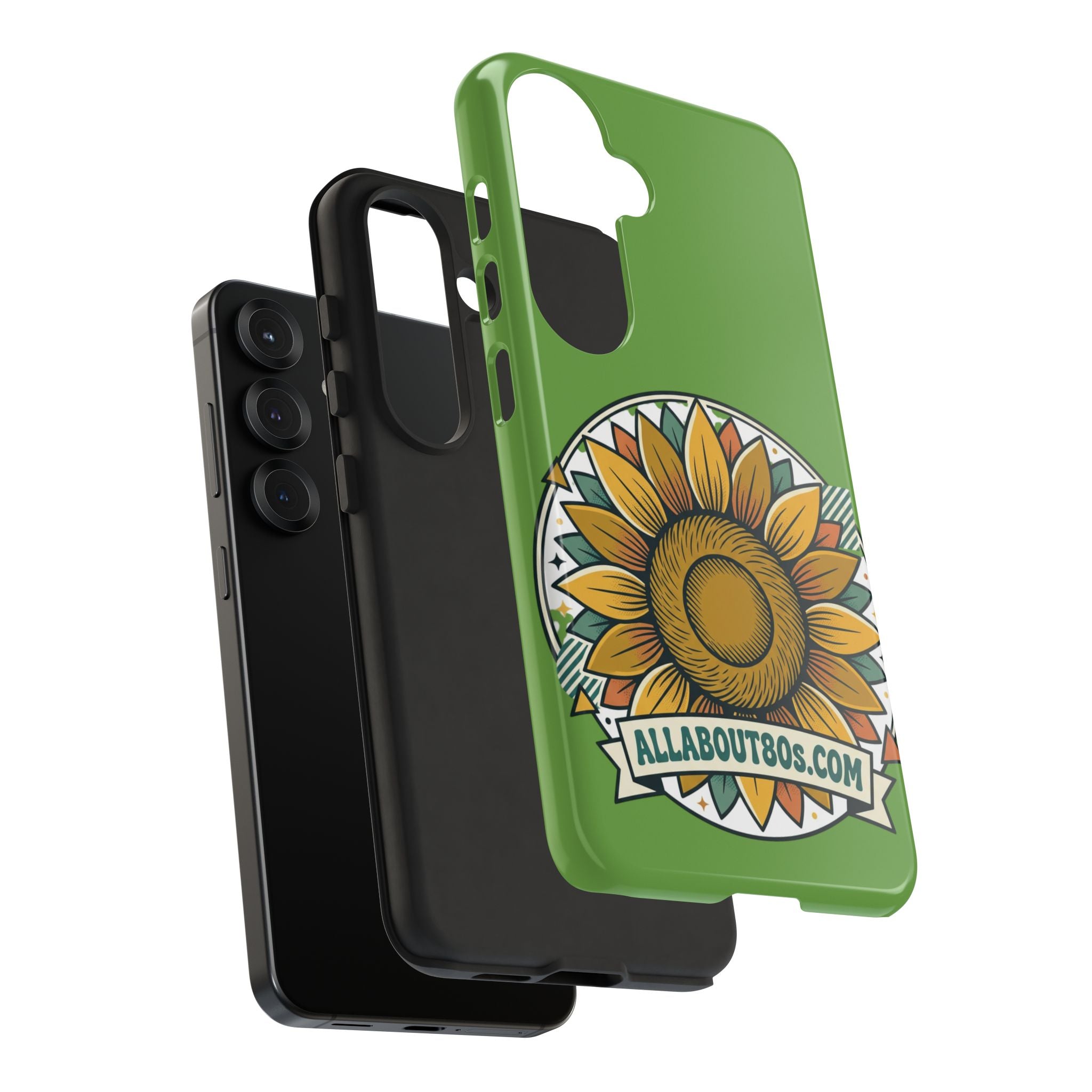 Sunflower Tough Phone Case – Green Floral Protective Case with "AllAbout80s.com" Banner