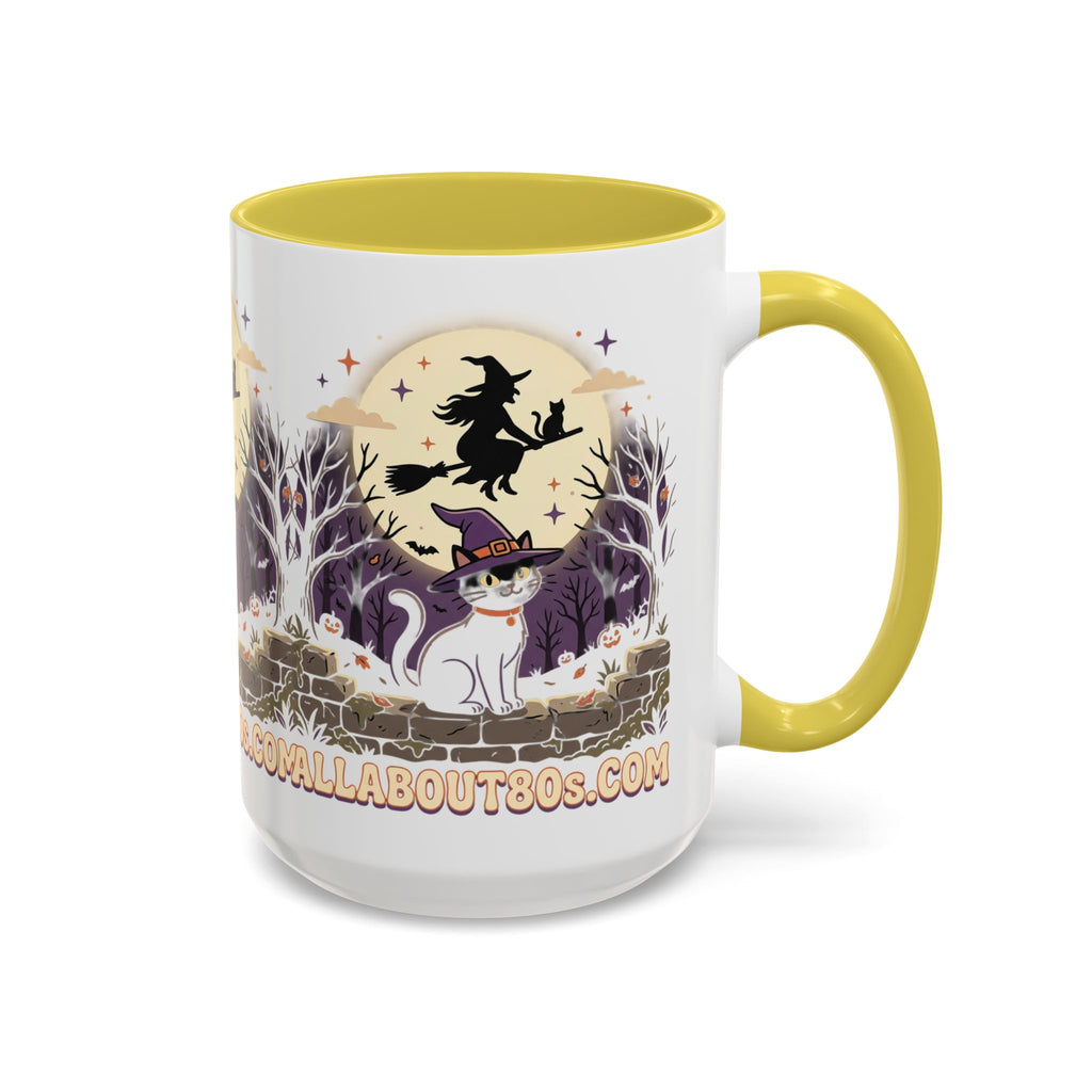 Halloween Cat Witch Mug – Cute Witch Hat Cat with Flying Witch Silhouette (11oz/15oz)