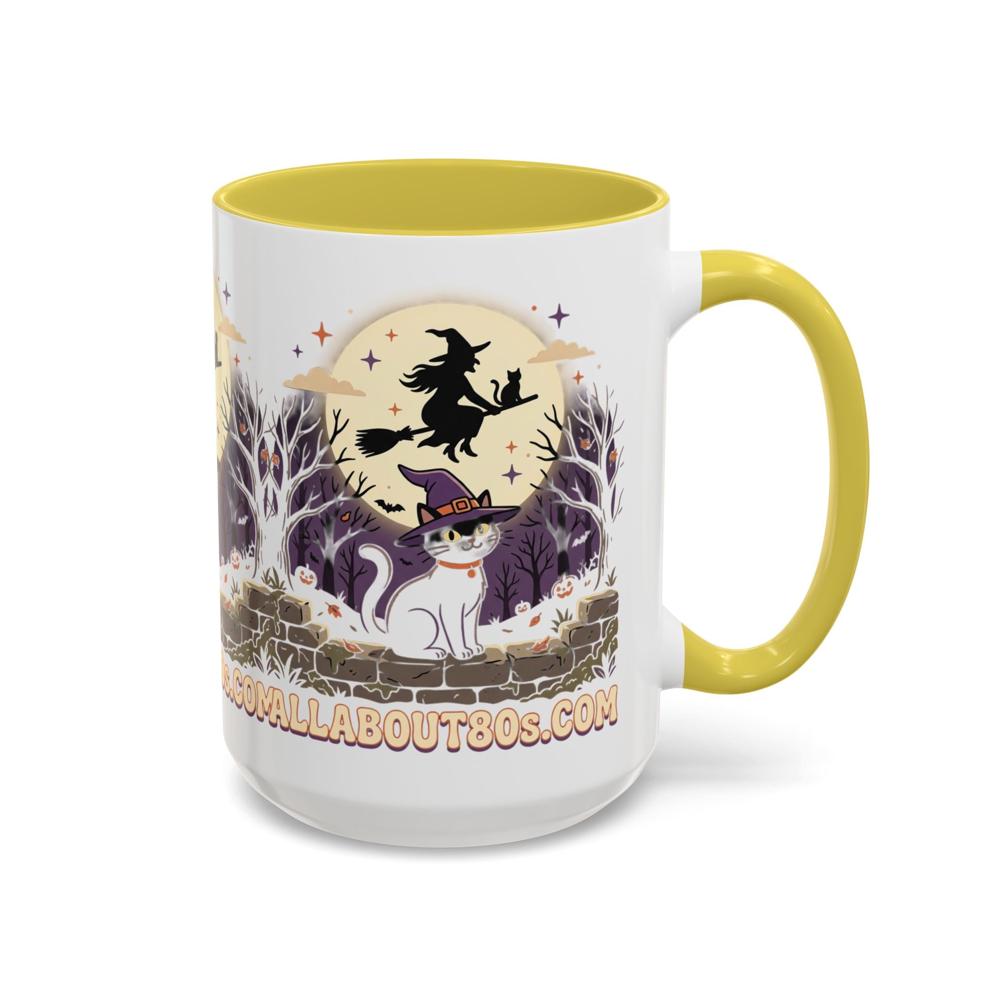 Halloween Cat Witch Mug – Cute Witch Hat Cat with Flying Witch Silhouette (11oz/15oz)