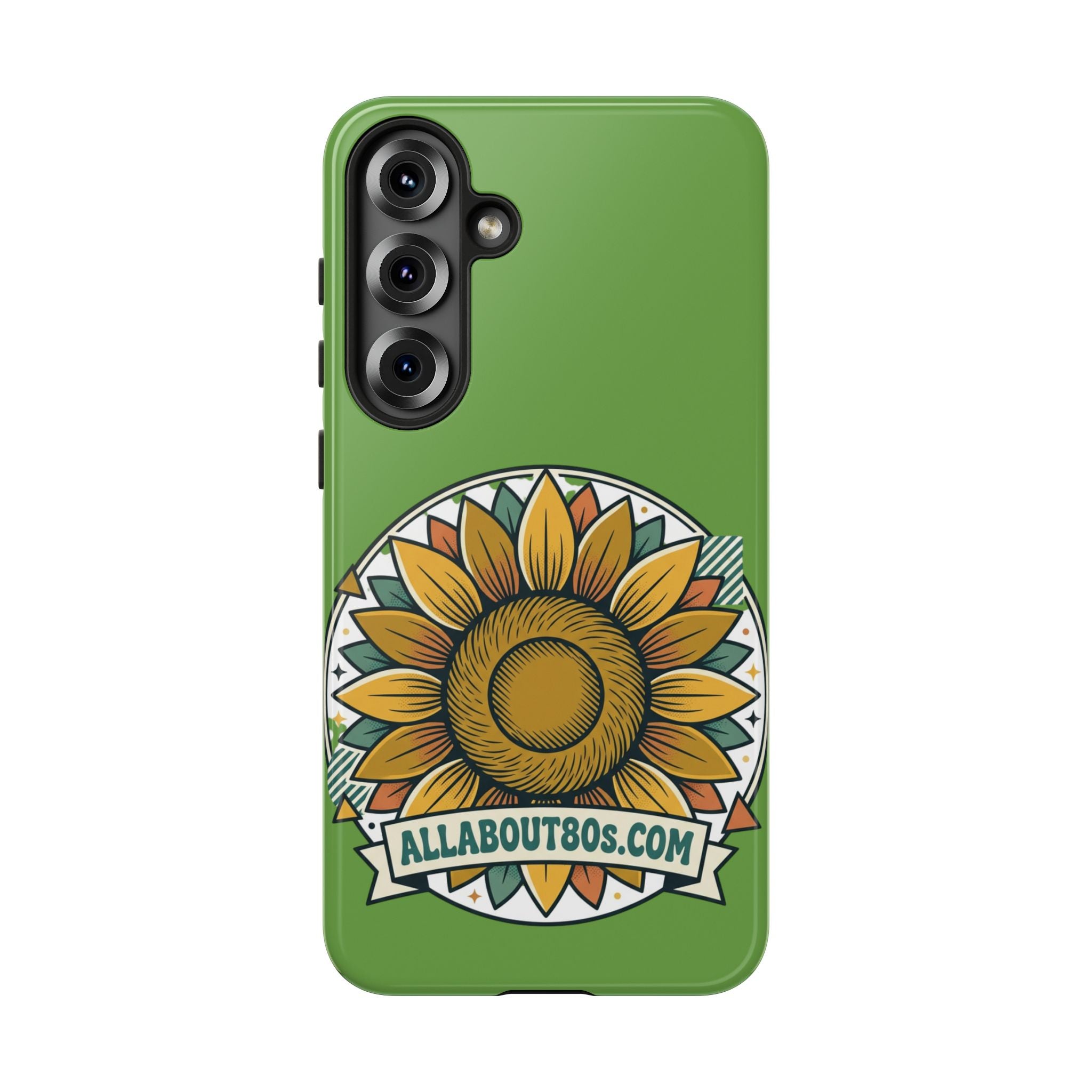 Sunflower Tough Phone Case – Green Floral Protective Case with "AllAbout80s.com" Banner