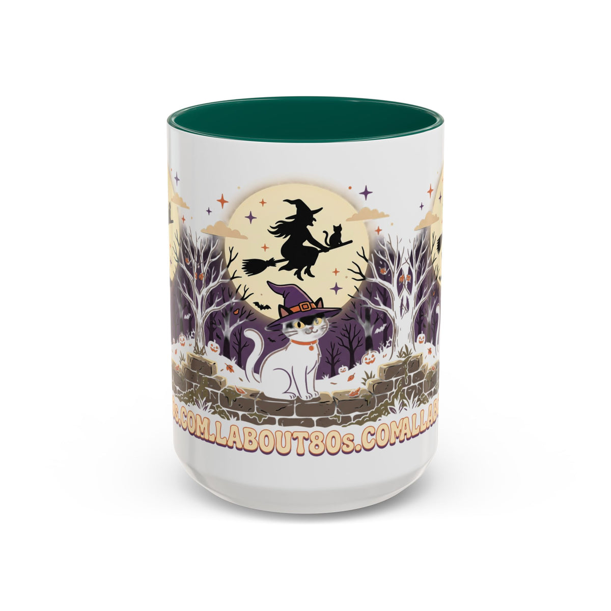 Halloween Cat Witch Mug – Cute Witch Hat Cat with Flying Witch Silhouette (11oz/15oz)