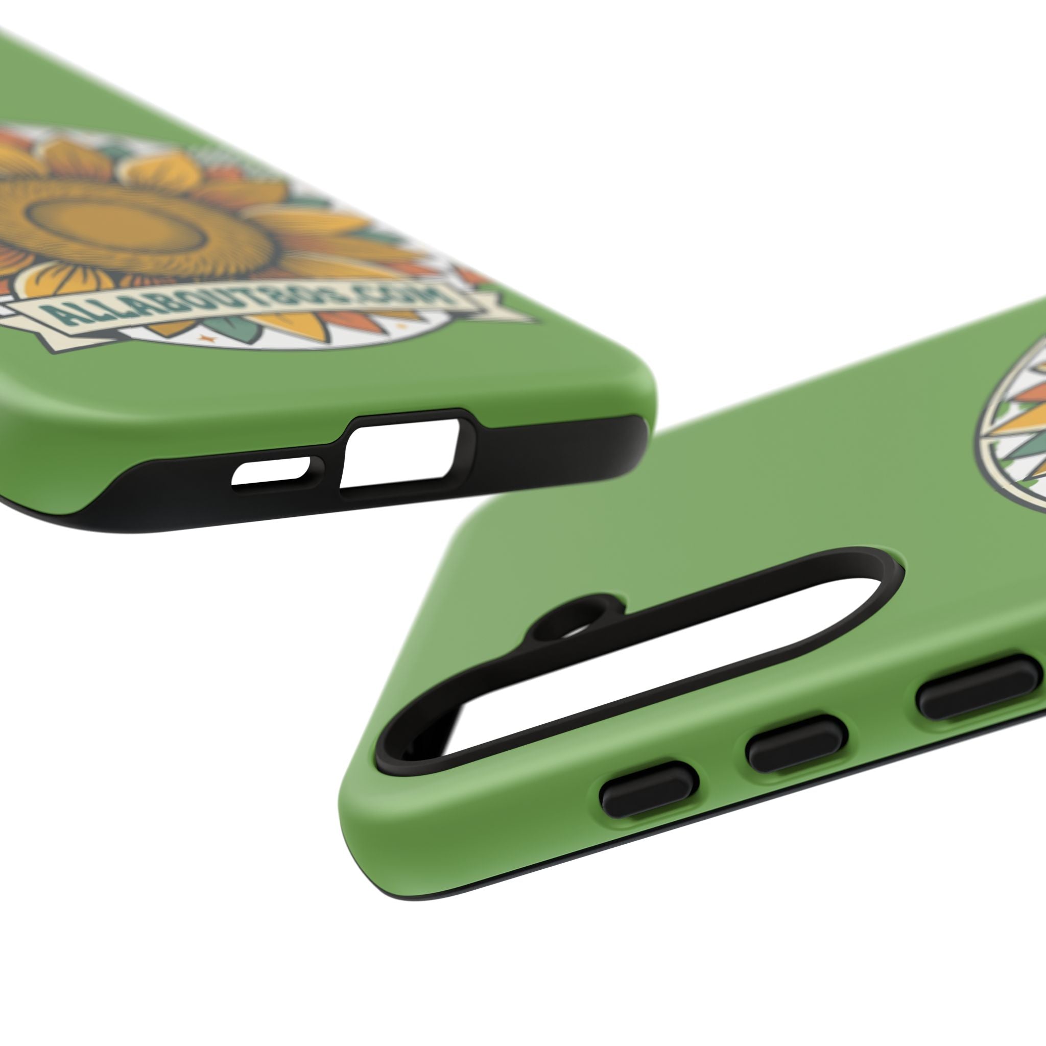 Sunflower Tough Phone Case – Green Floral Protective Case with "AllAbout80s.com" Banner
