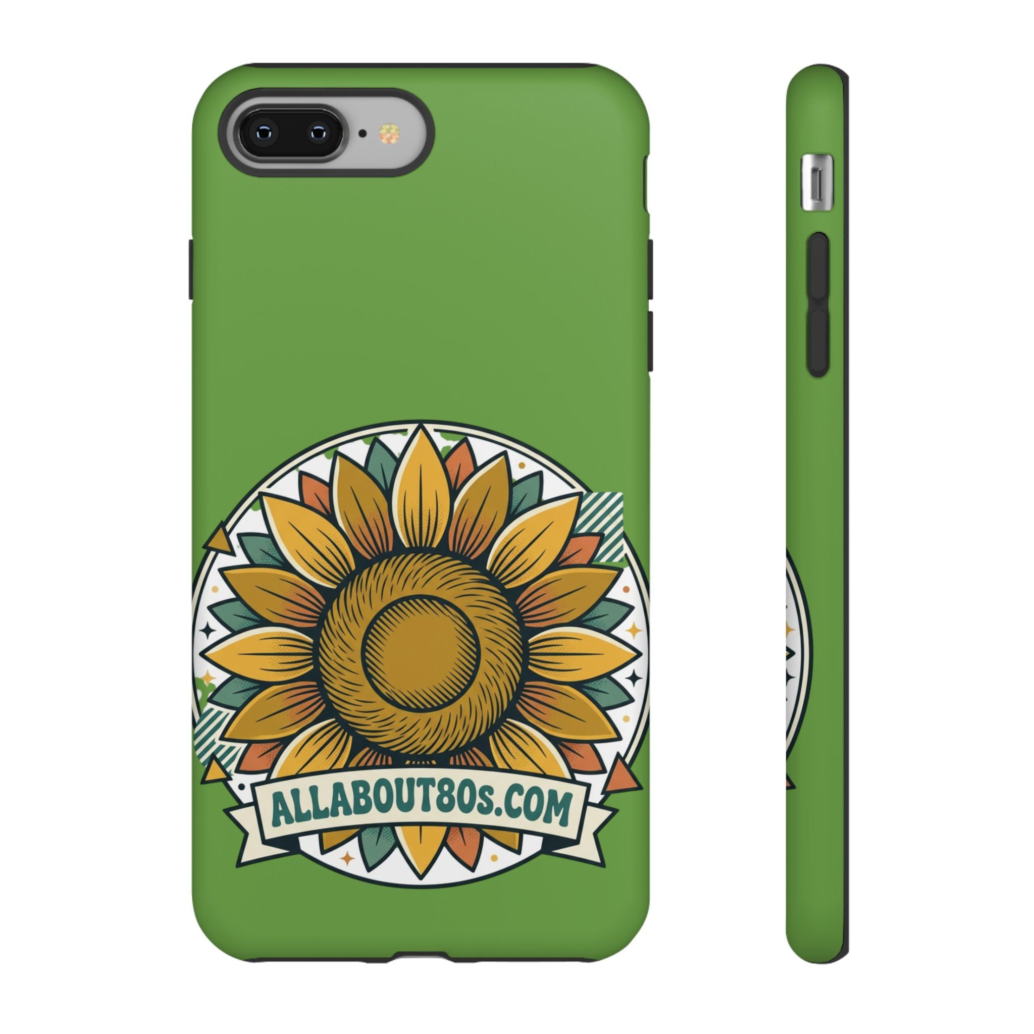 Sunflower Tough Phone Case – Green Floral Protective Case with "AllAbout80s.com" Banner