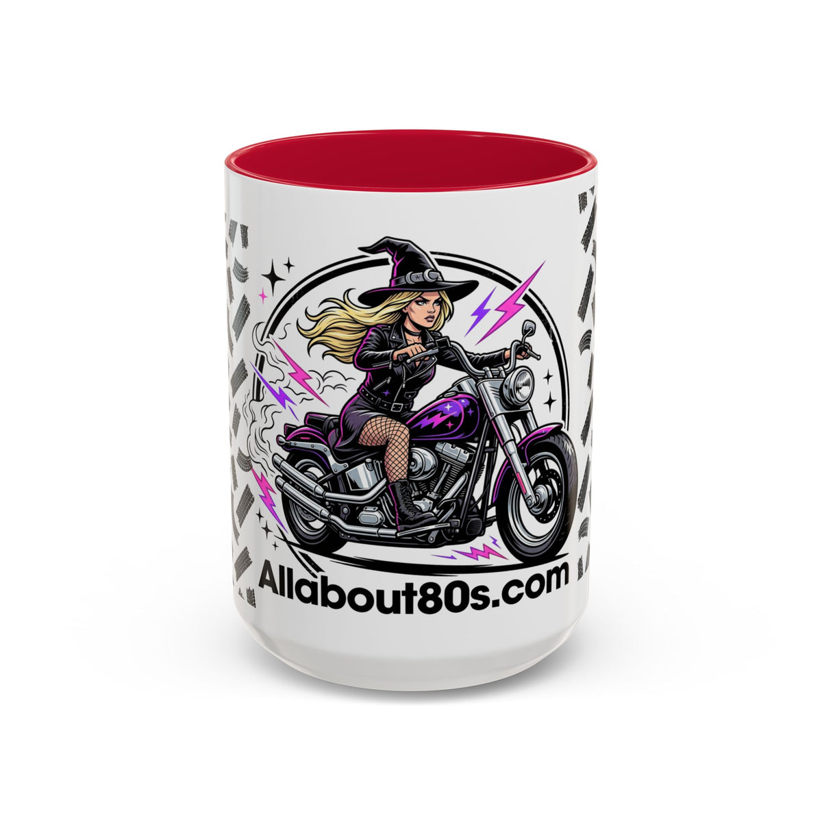 Witch Biker Motorcycle Mug — Retro 80s Neon Witch on Bike Coffee Cup (11oz/15oz)