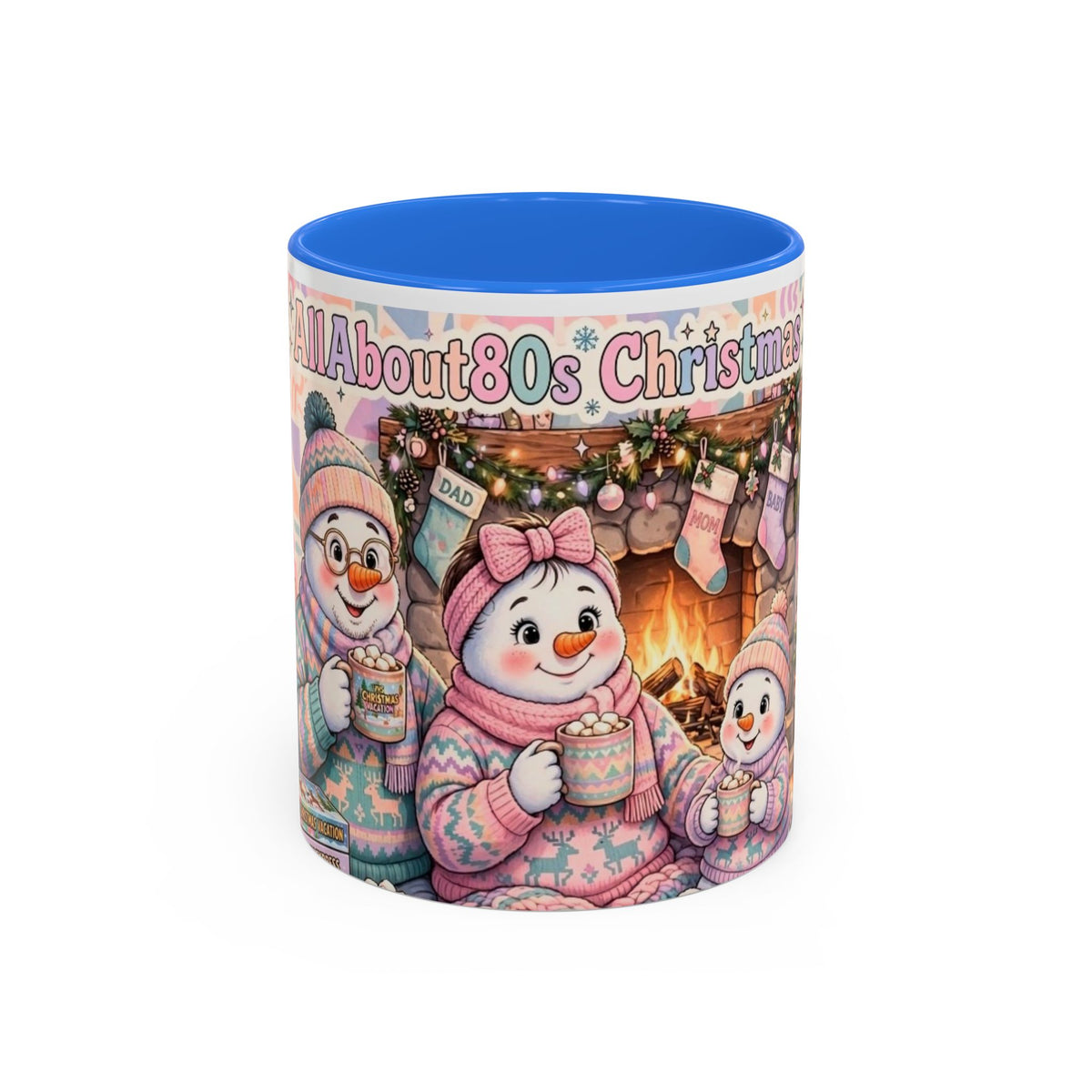 Cute Snowman Christmas Mug — 'All About 80s Christmas' Colorful Holiday Coffee Cup (11oz/15oz)