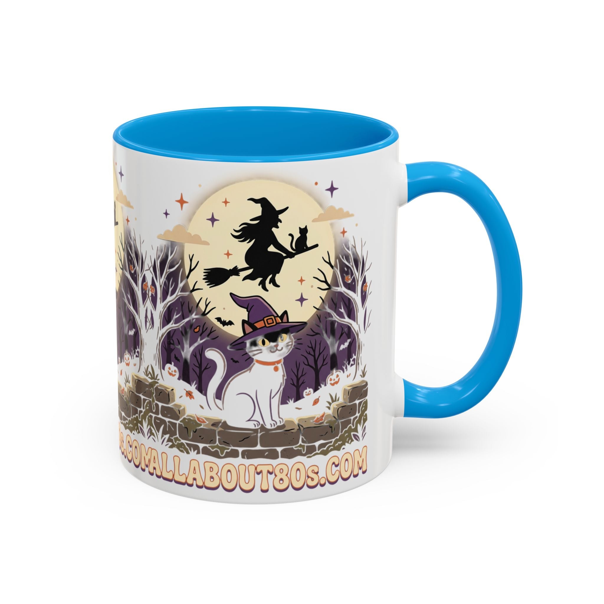 Halloween Cat Witch Mug – Cute Witch Hat Cat with Flying Witch Silhouette (11oz/15oz)