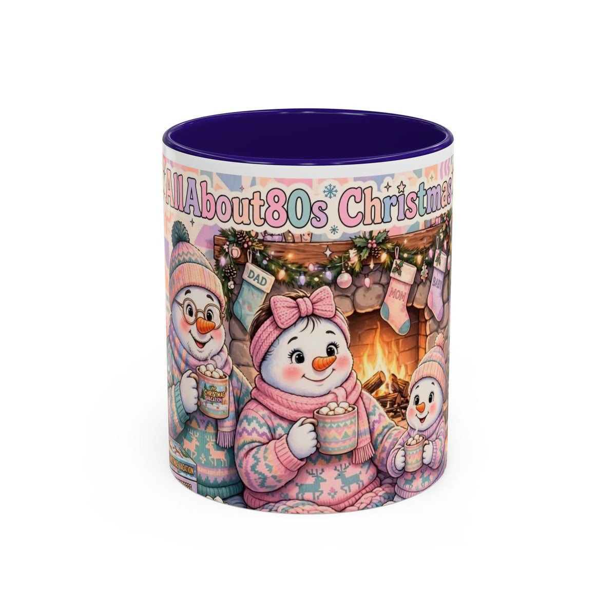 Cute Snowman Christmas Mug — 'All About 80s Christmas' Colorful Holiday Coffee Cup (11oz/15oz)