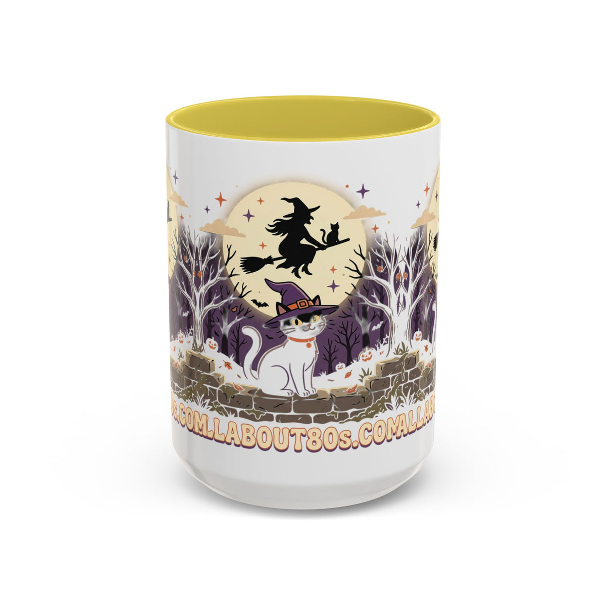 Halloween Cat Witch Mug – Cute Witch Hat Cat with Flying Witch Silhouette (11oz/15oz)