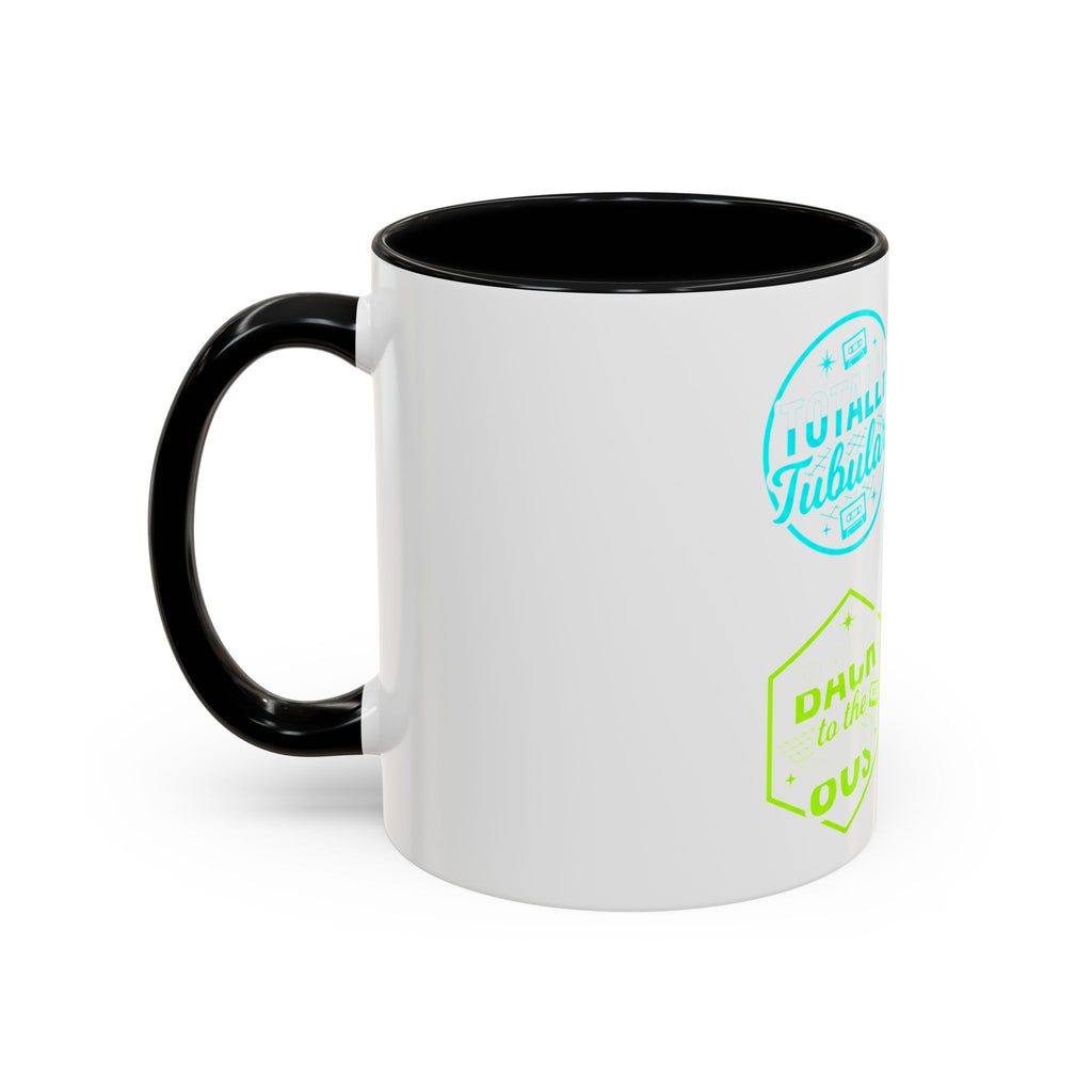 Retro Gamer Badge Accent Coffee Mug — Neon 'Totally Tubular' & 80s Gamer Icons (11/15oz)