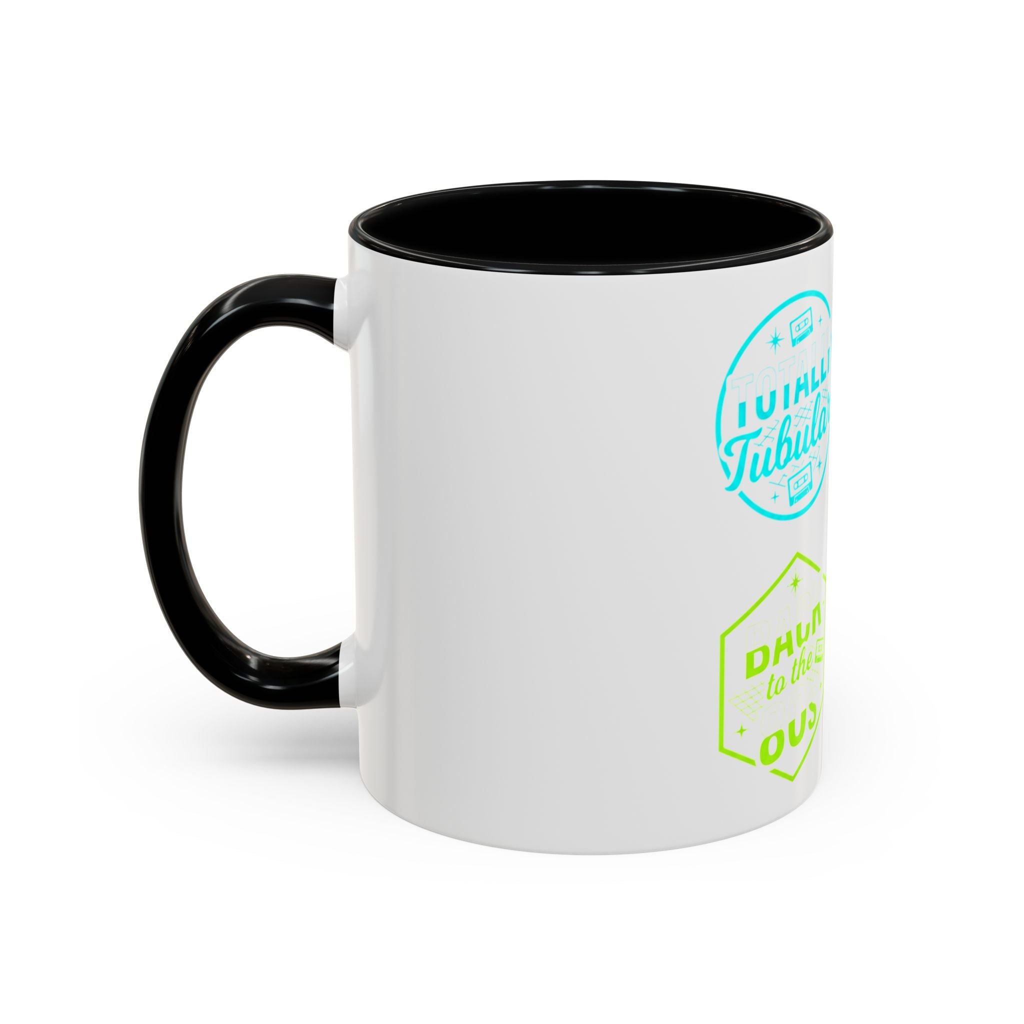 Retro Gamer Badge Accent Coffee Mug — Neon 'Totally Tubular' & 80s Gamer Icons (11/15oz)