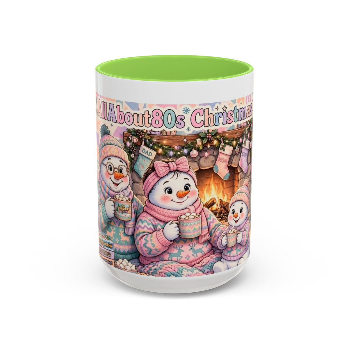 Cute Snowman Christmas Mug — 'All About 80s Christmas' Colorful Holiday Coffee Cup (11oz/15oz)
