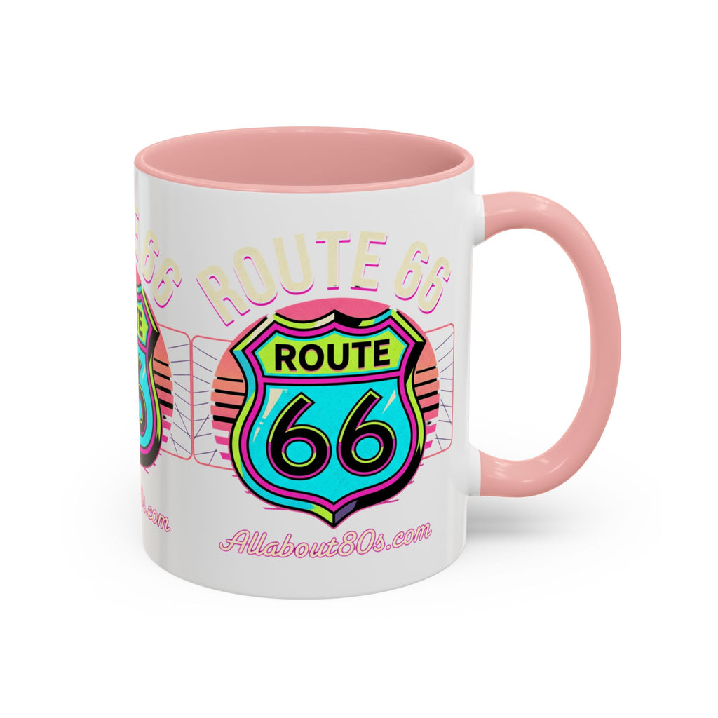 Route 66 Neon Shield Accent Coffee Mug — Retro Road Trip Travel Gift (11/15 oz)