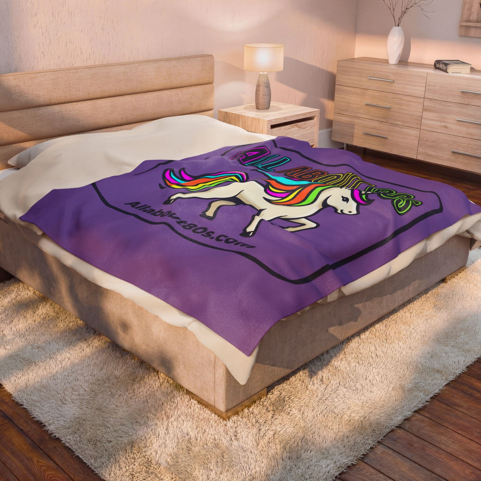 All About 80s Rainbow Unicorn Velveteen Plush Blanket – Retro 80s Cozy Throw