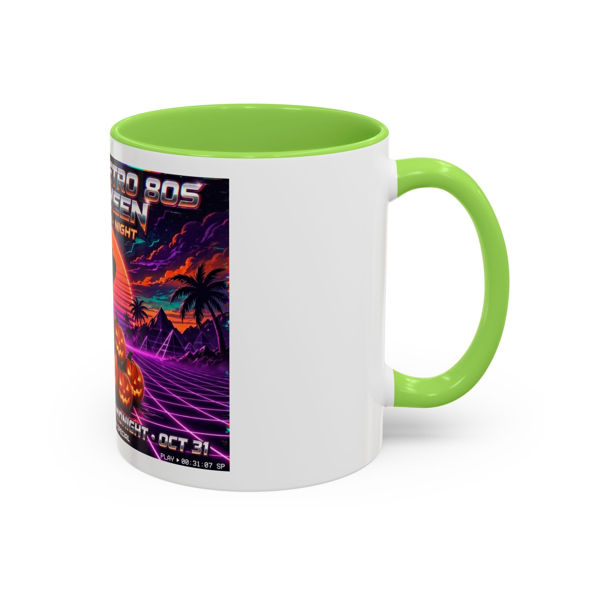 Halloween Retro Cat Mug — Neon 80s Spooky Pumpkin Coffee Cup (11oz/15oz)