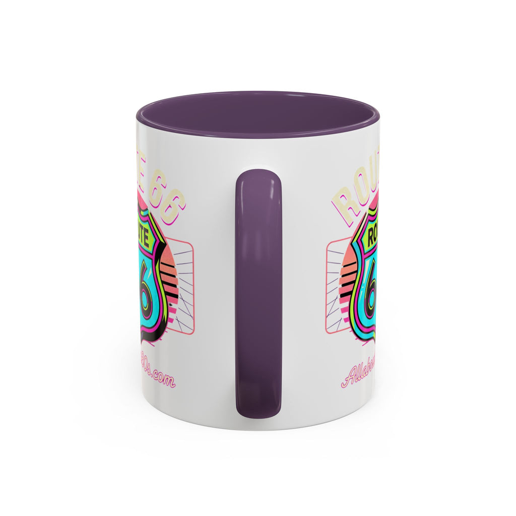 Route 66 Neon Shield Accent Coffee Mug — Retro Road Trip Travel Gift (11/15 oz)