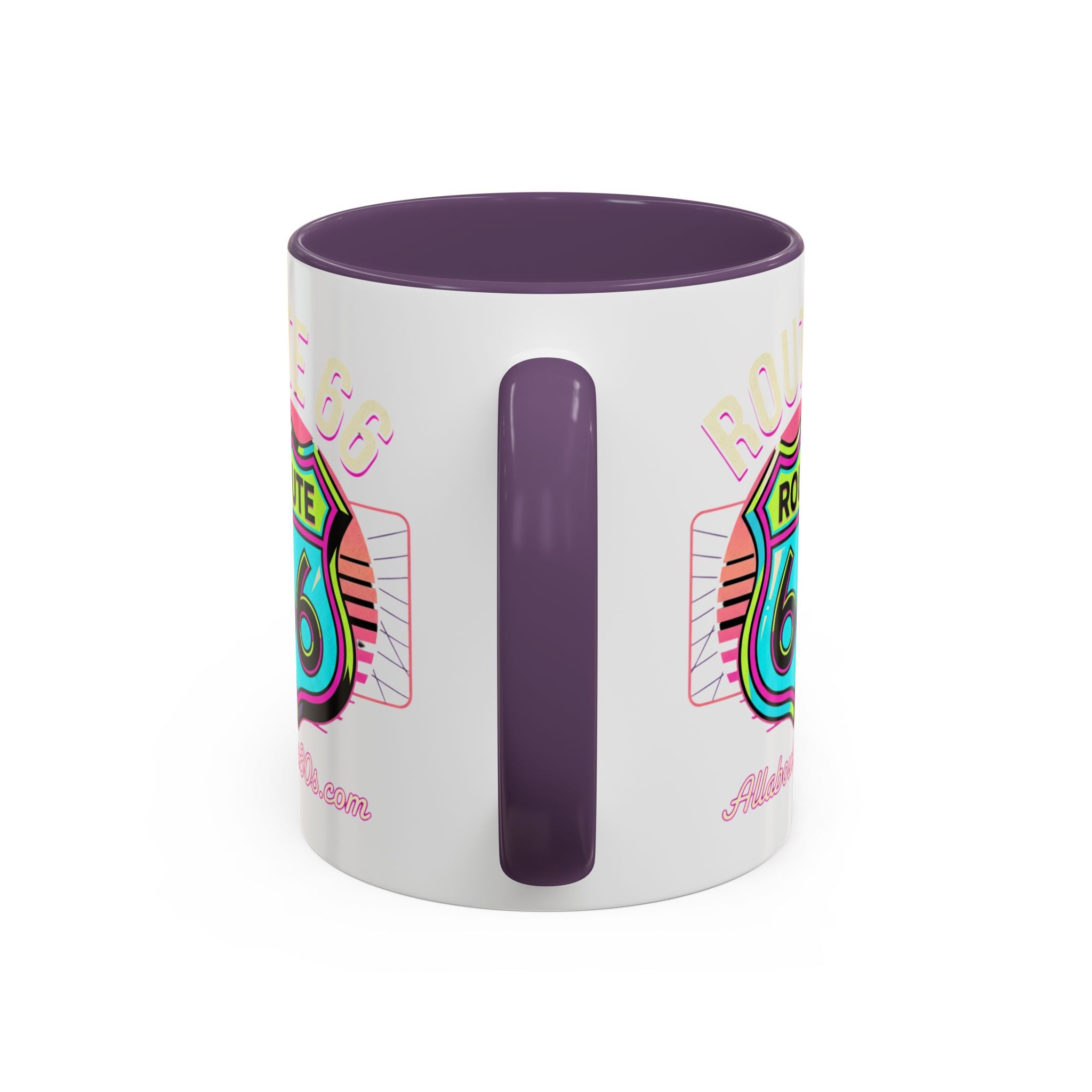 Route 66 Neon Shield Accent Coffee Mug — Retro Road Trip Travel Gift (11/15 oz)