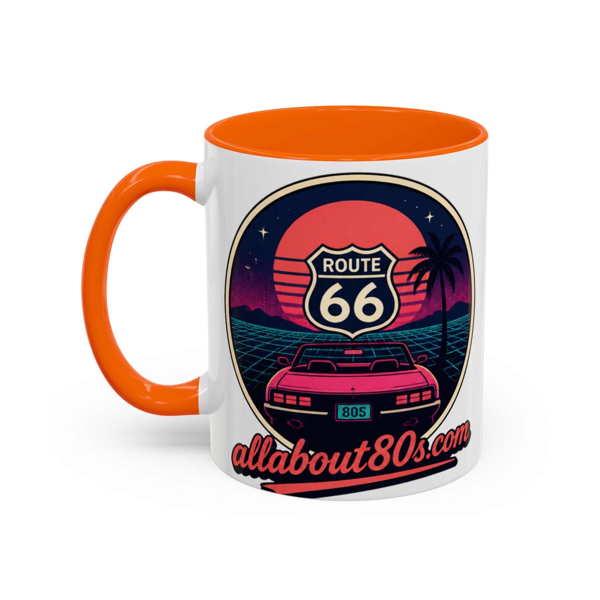Route 66 Retro 80s Accent Coffee Mug — 'allabout80s' Vintage Sunset Design (11/15oz)