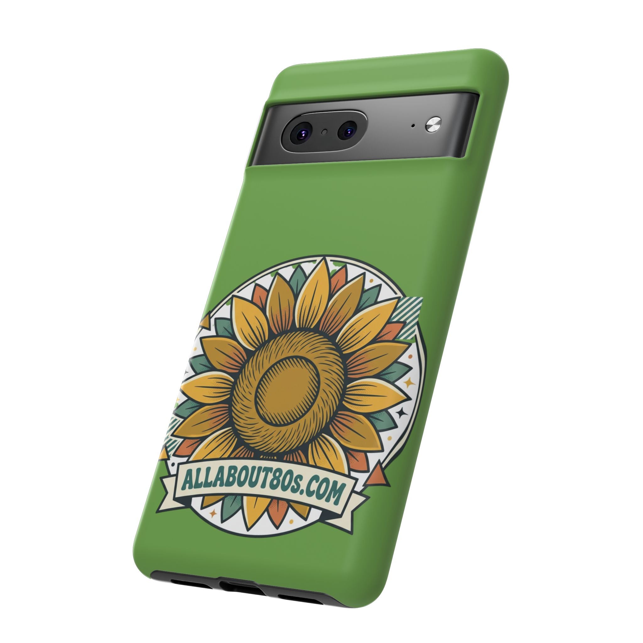 Sunflower Tough Phone Case – Green Floral Protective Case with "AllAbout80s.com" Banner