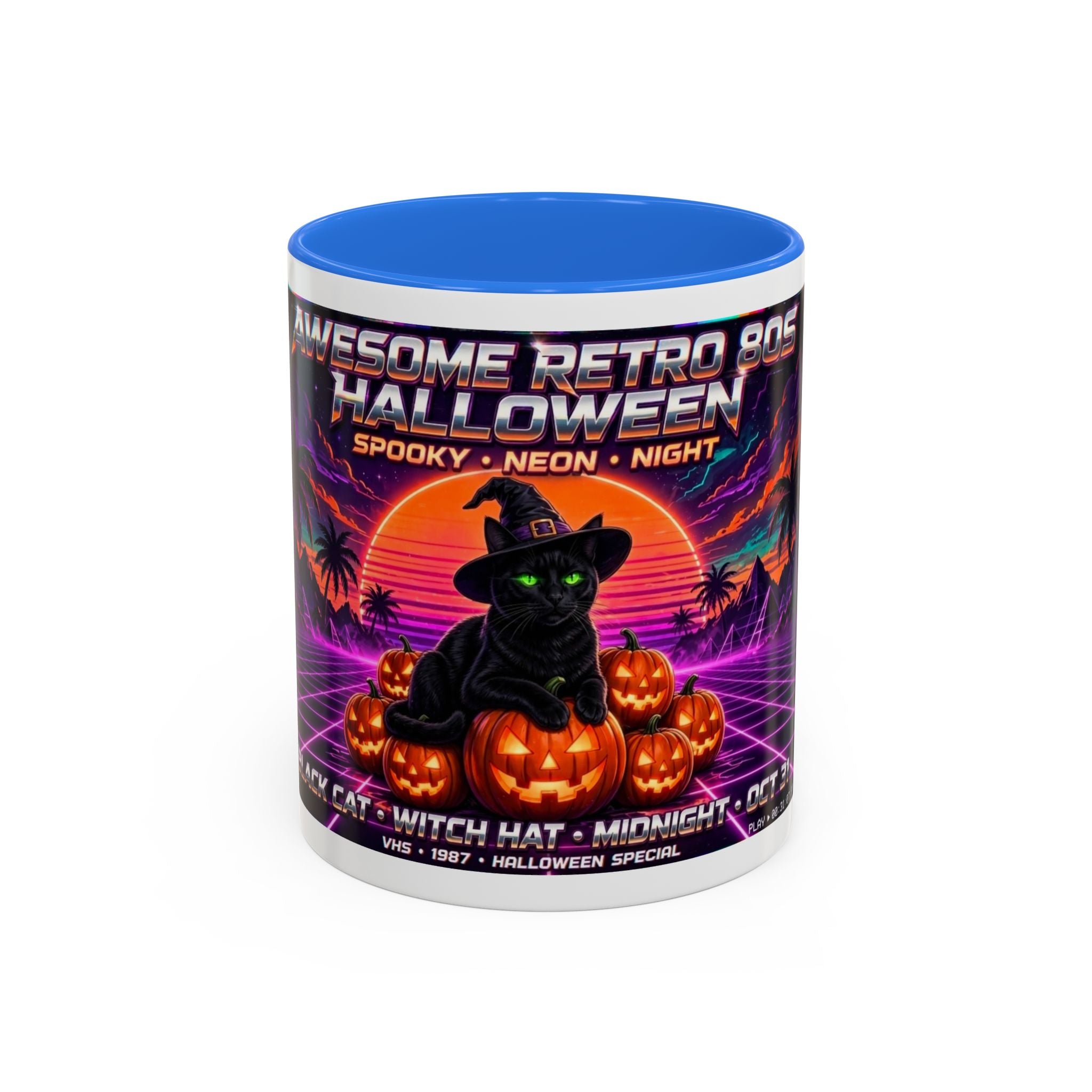 Halloween Retro Cat Mug — Neon 80s Spooky Pumpkin Coffee Cup (11oz/15oz)