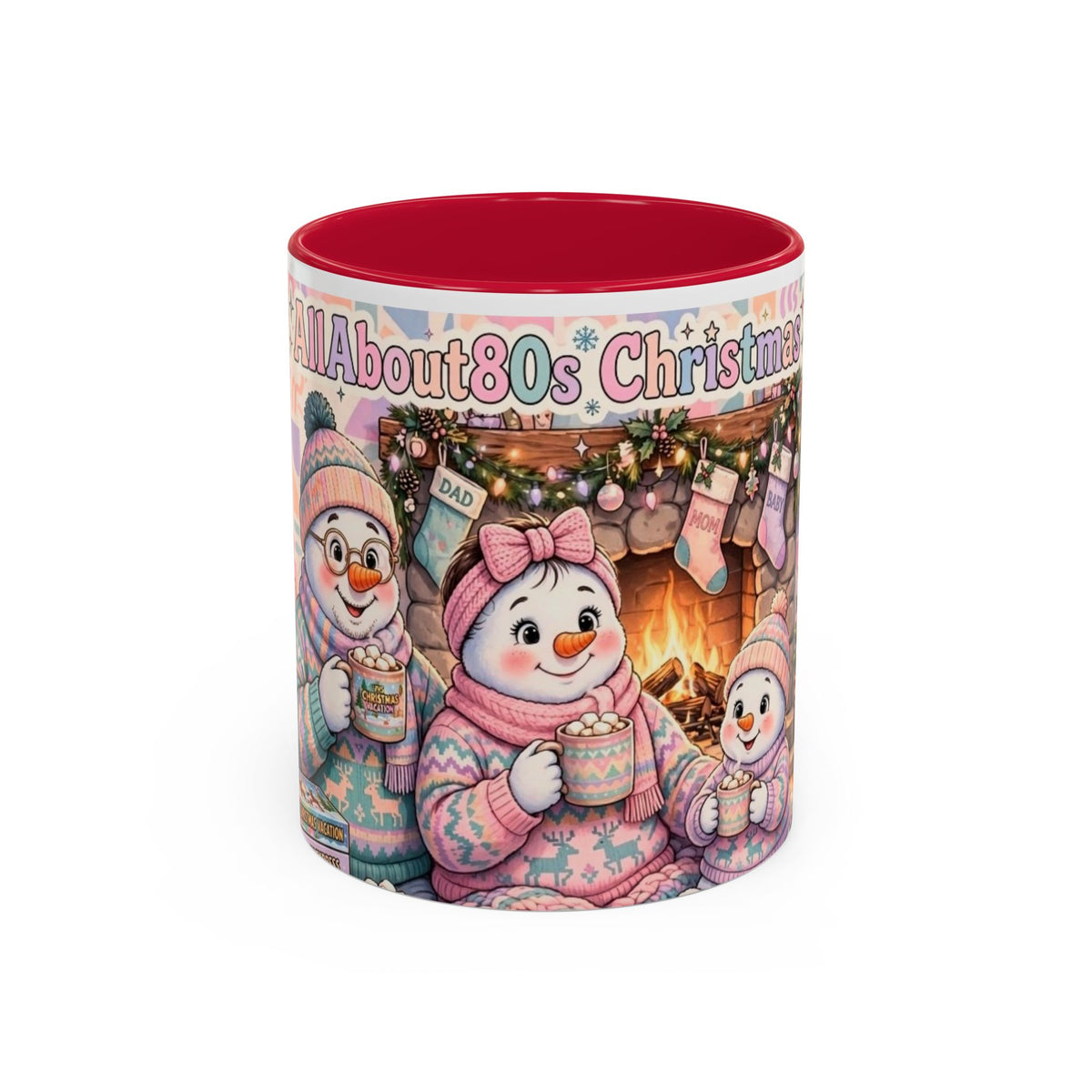 Cute Snowman Christmas Mug — 'All About 80s Christmas' Colorful Holiday Coffee Cup (11oz/15oz)