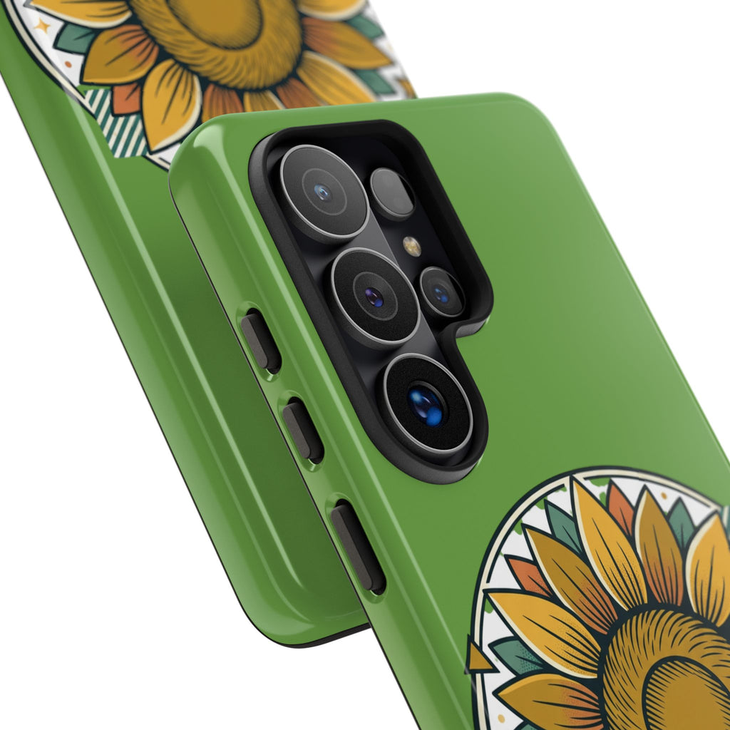 Sunflower Tough Phone Case – Green Floral Protective Case with "AllAbout80s.com" Banner