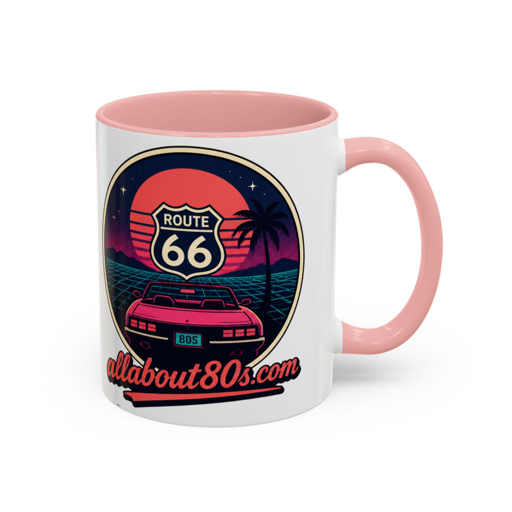 Route 66 Retro 80s Accent Coffee Mug — 'allabout80s' Vintage Sunset Design (11/15oz)