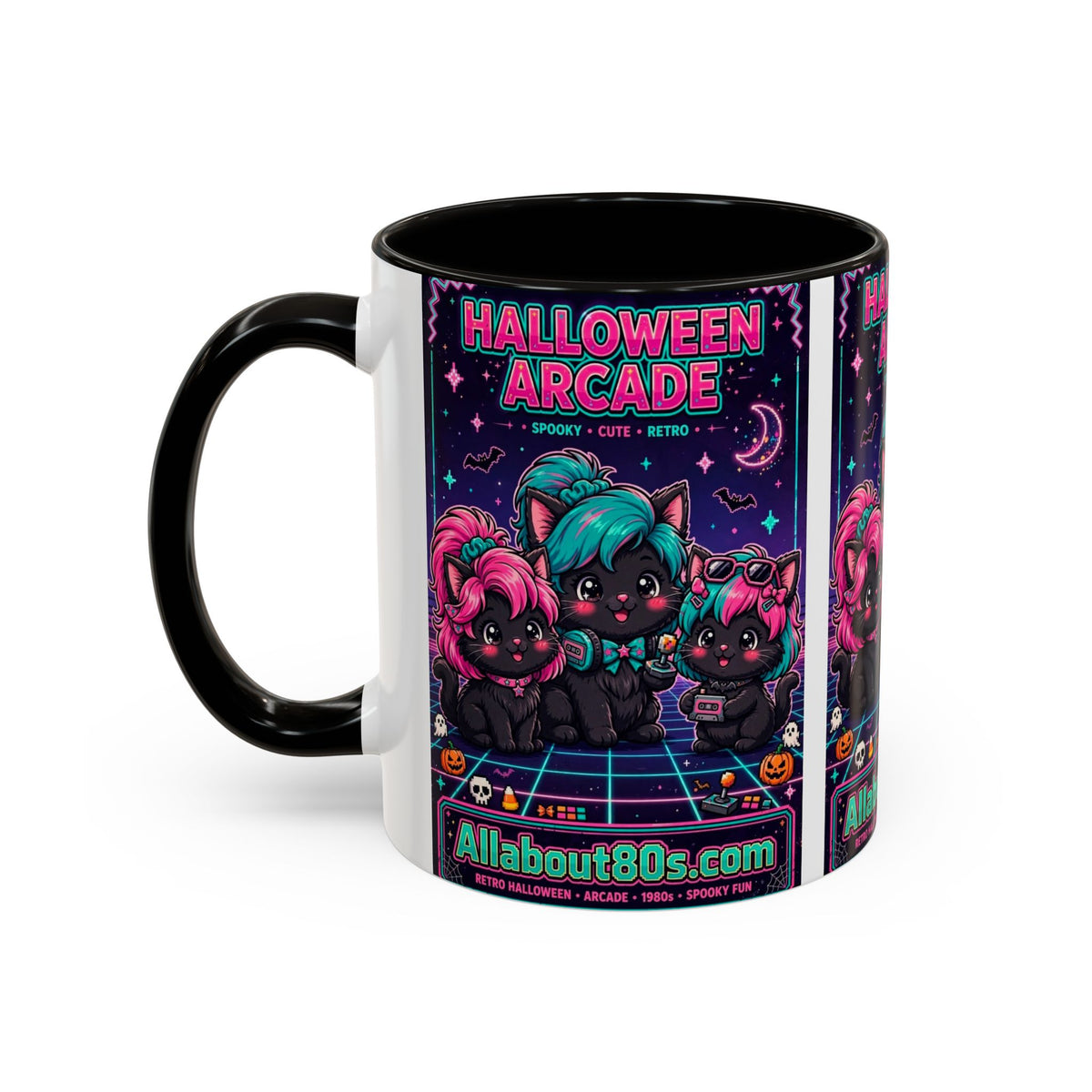 Halloween Arcade Mug — Cute Retro 80s Cat Gamers (11oz/15oz)