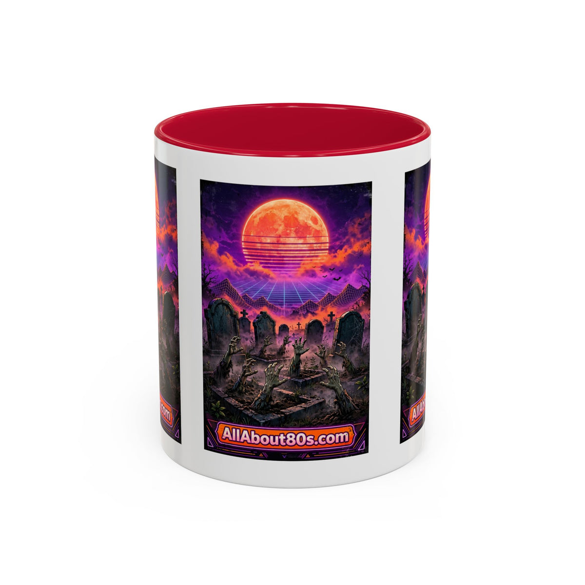 80s Retro Graveyard Sunset Mug — Vaporwave Neon Coffins Coffee Cup (11oz/15oz)